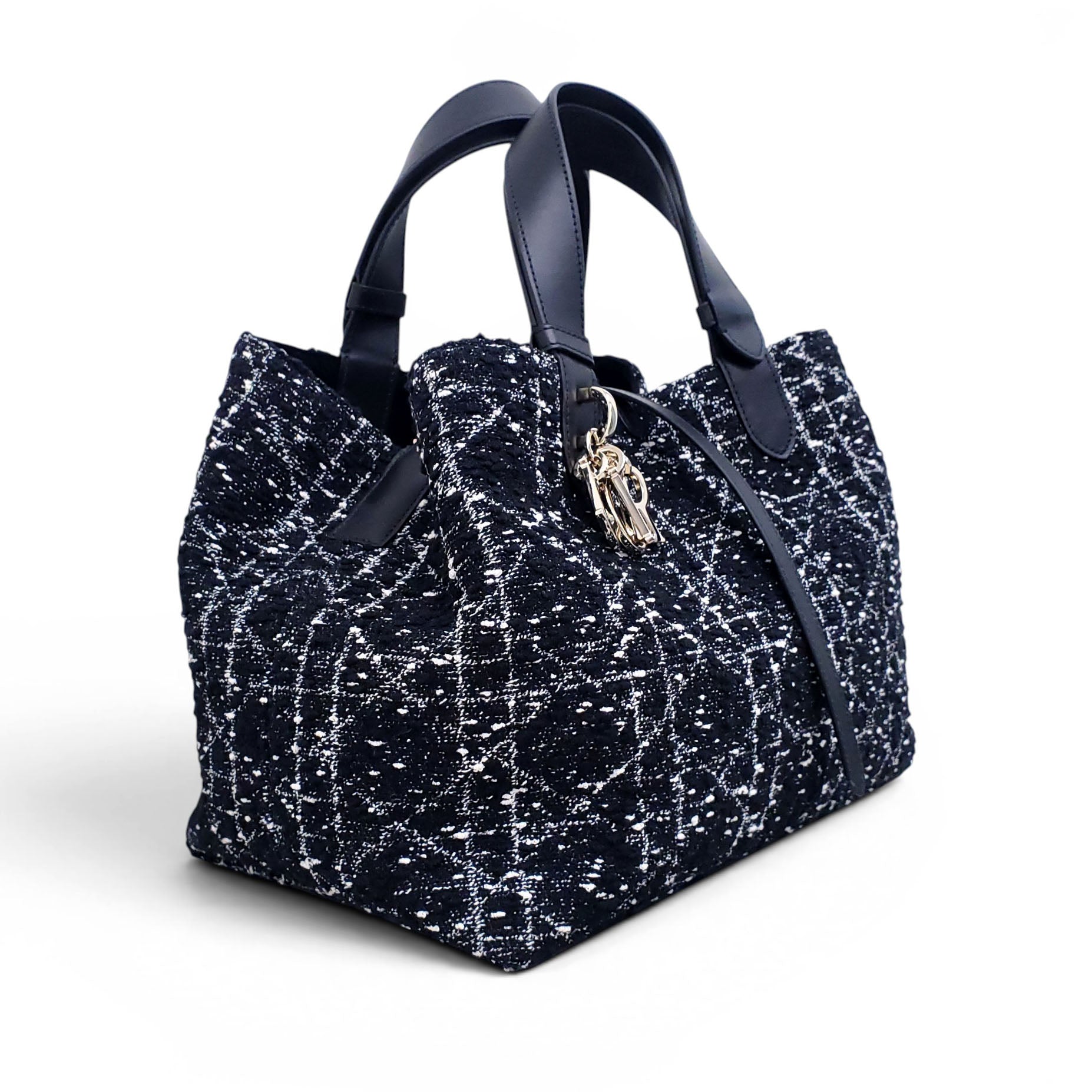 DIOR MEDIUM BLACK TWEED TOUJOURS BAG WITH WHITE CANNAGE MOTIF