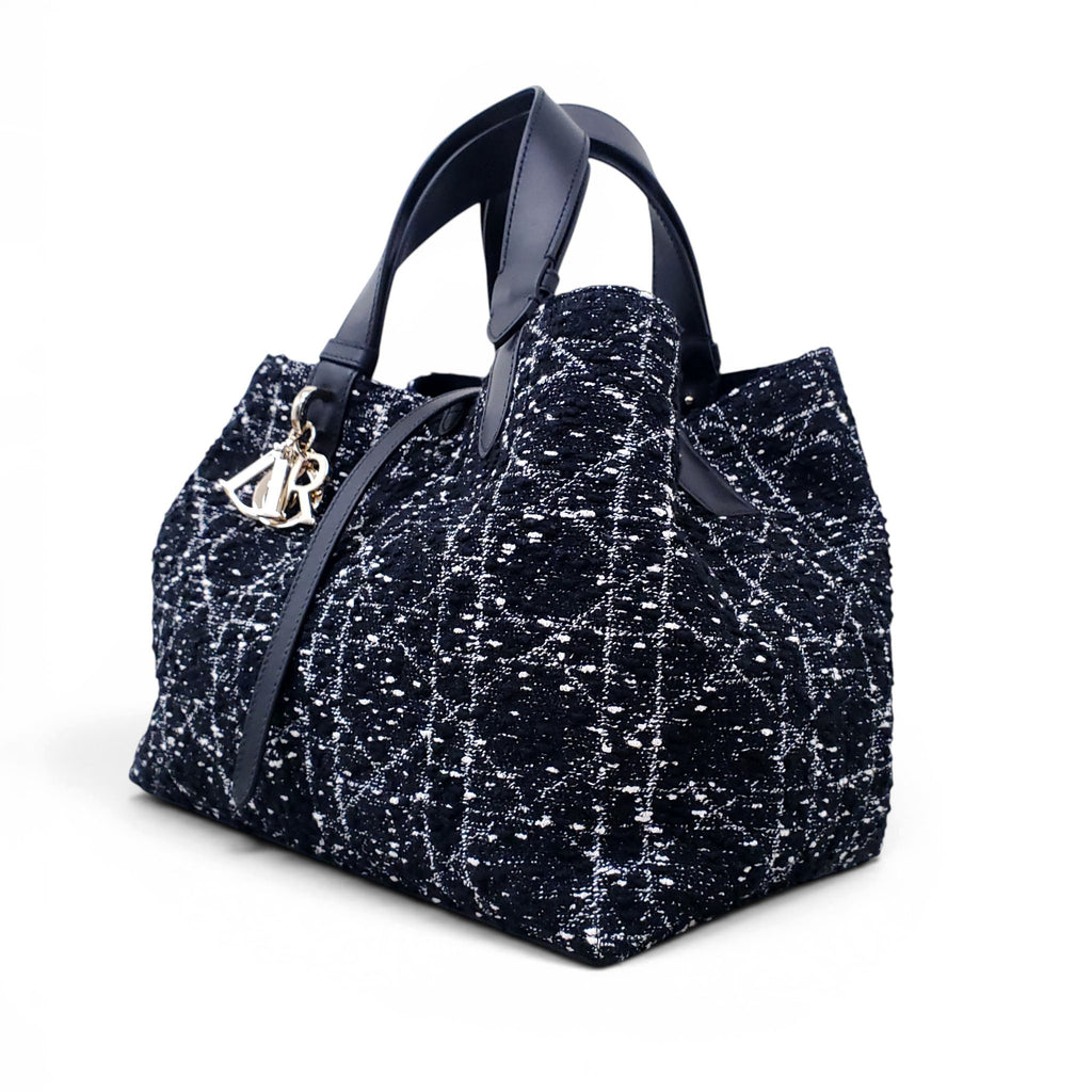 DIOR MEDIUM BLACK TWEED TOUJOURS BAG WITH WHITE CANNAGE MOTIF