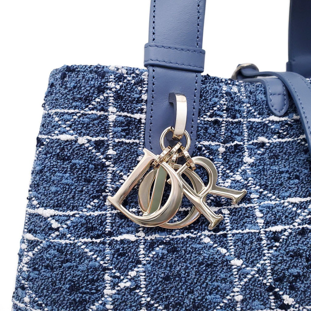 DIOR MEDIUM BLUE TWEED TOUJOURS BAG WITH WHITE CANNAGE MOTIF