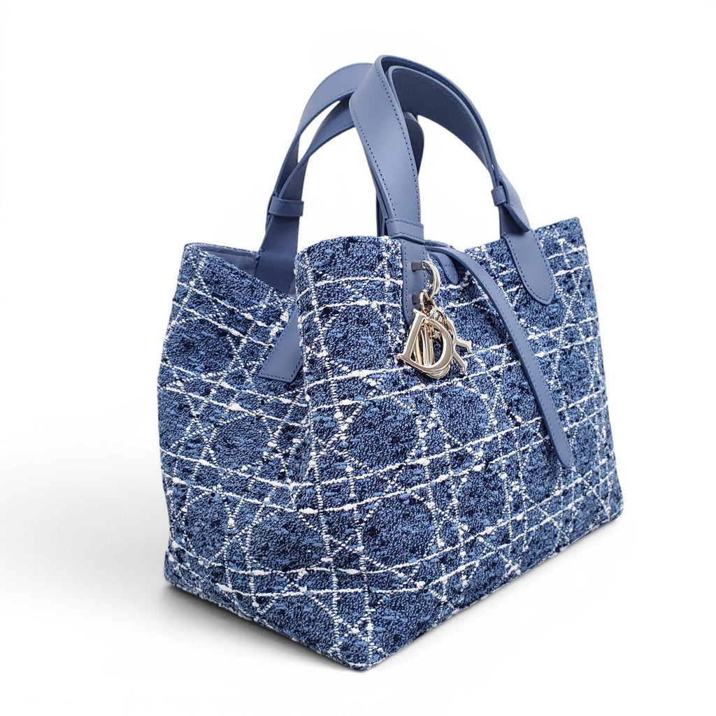 DIOR MEDIUM BLUE TWEED TOUJOURS BAG WITH WHITE CANNAGE MOTIF