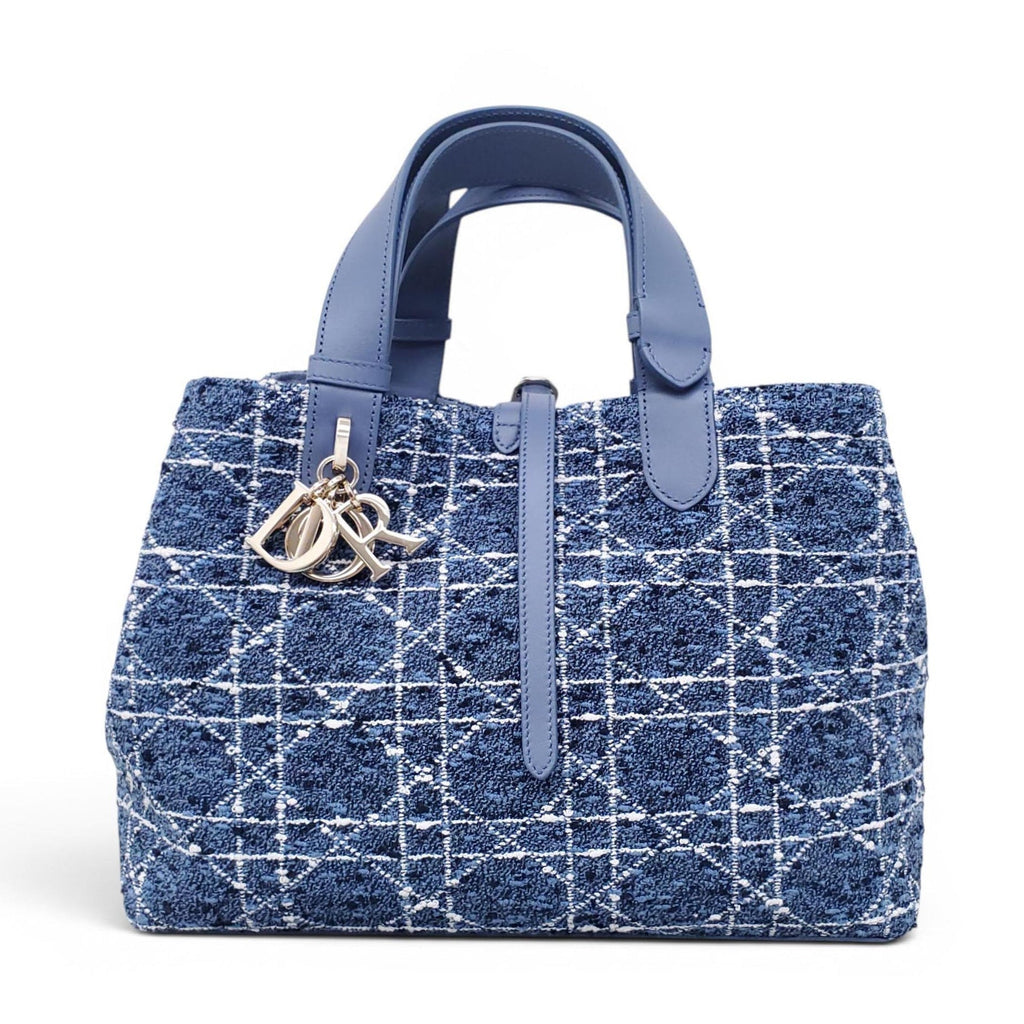 DIOR MEDIUM BLUE TWEED TOUJOURS BAG WITH WHITE CANNAGE MOTIF