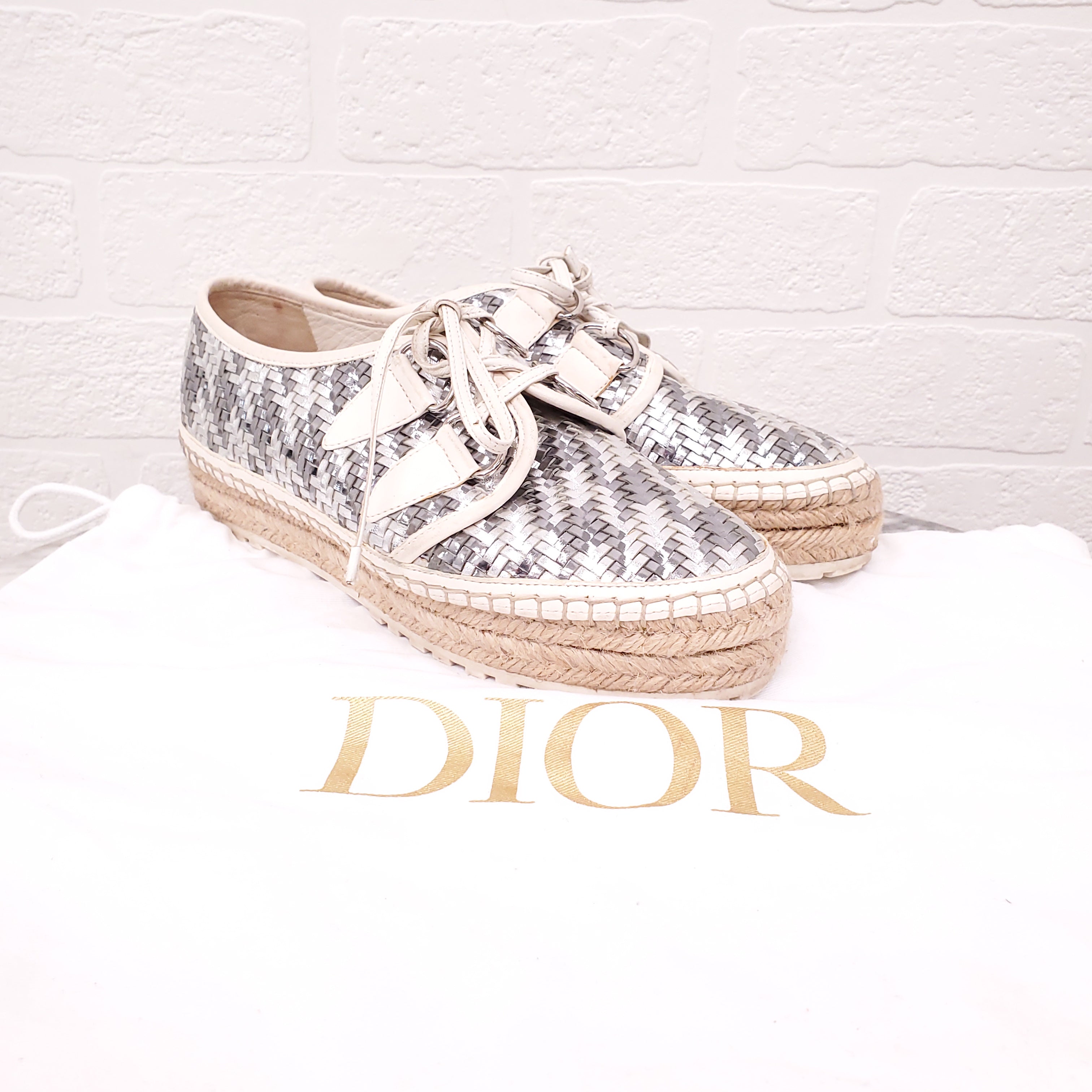 DIOR SILVER WOVEN ESPADRILLES - SIZE 37