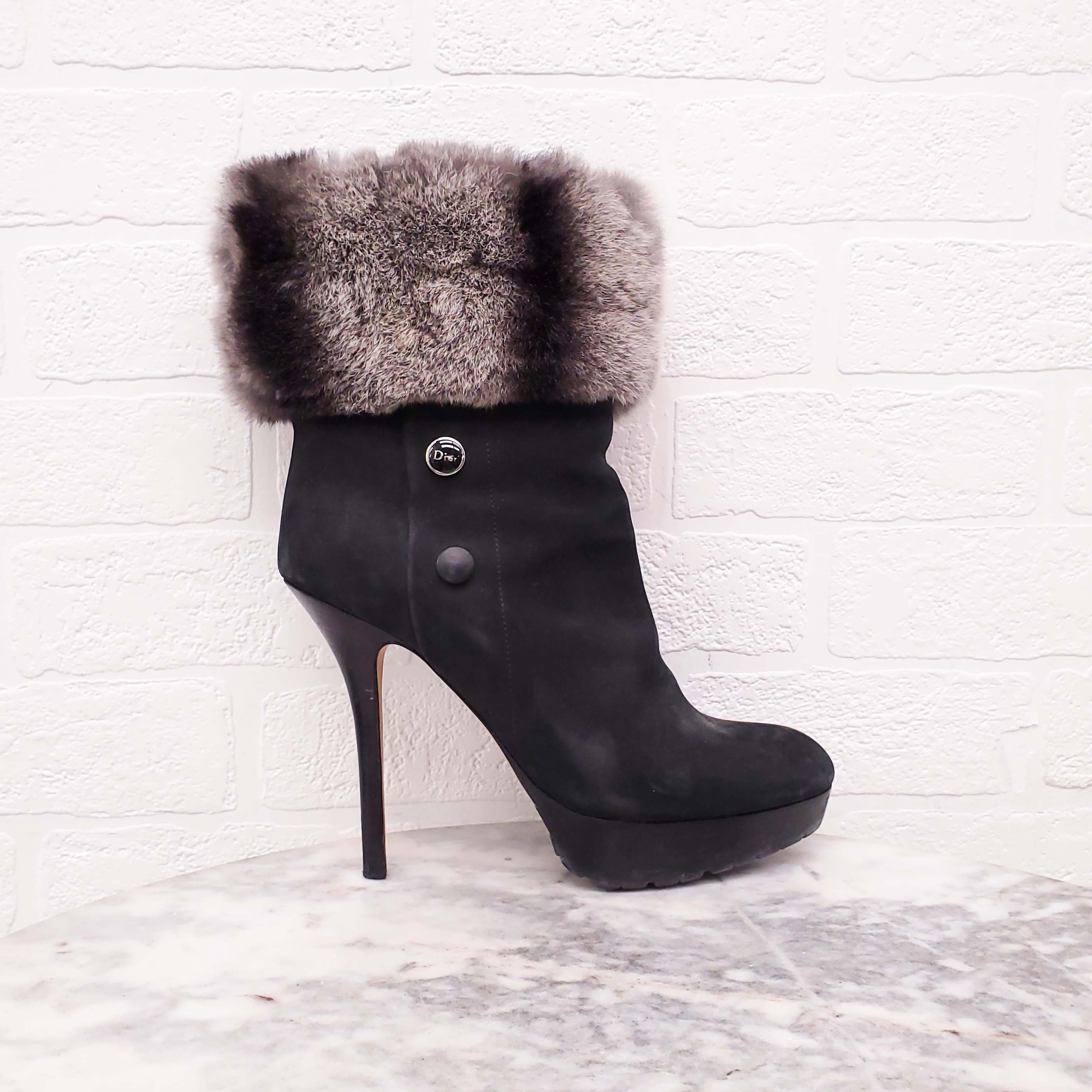 DIOR SUEDE BOOTIES WITH RABBIT FUR DETAIL - SIZE 37
