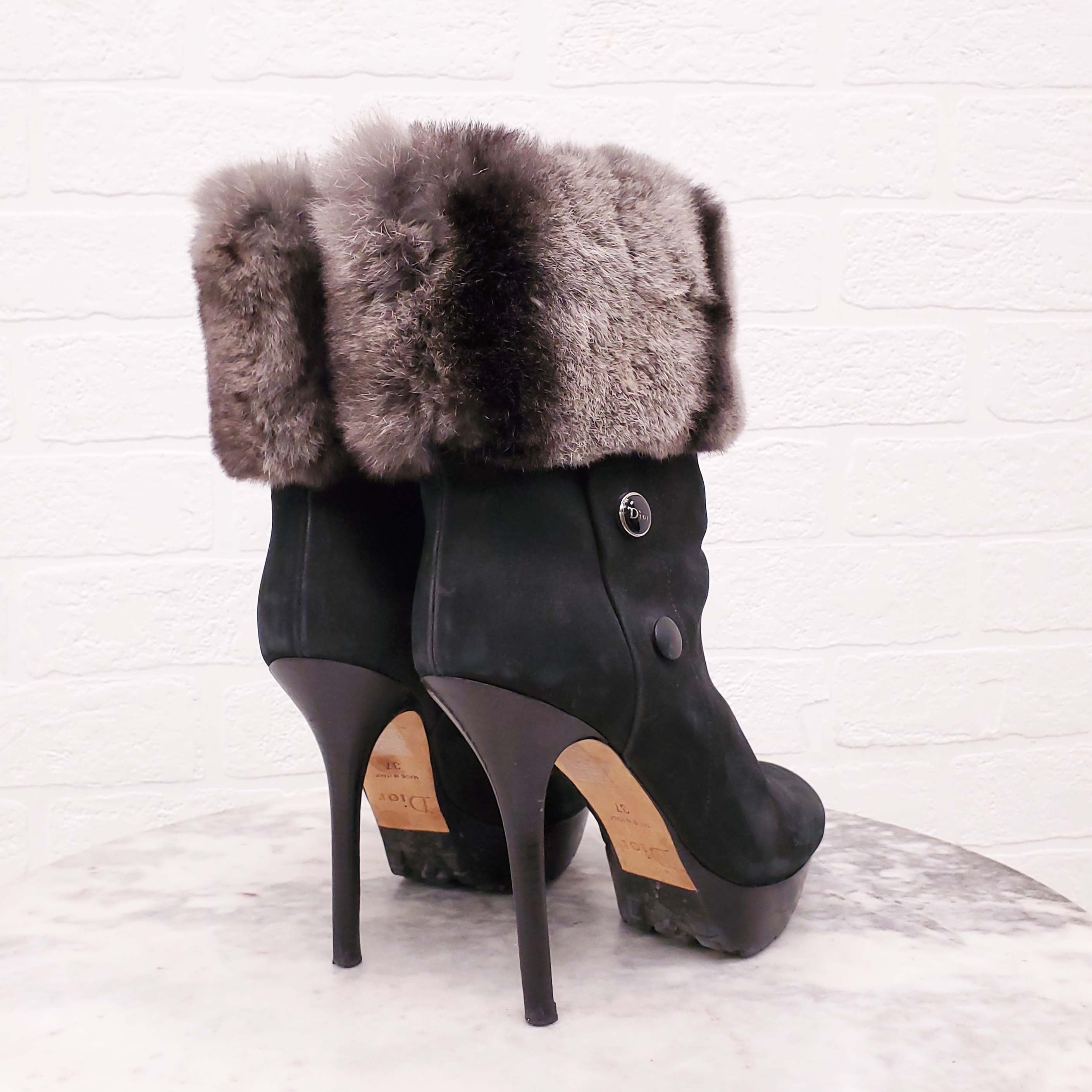 DIOR SUEDE BOOTIES WITH RABBIT FUR DETAIL - SIZE 37