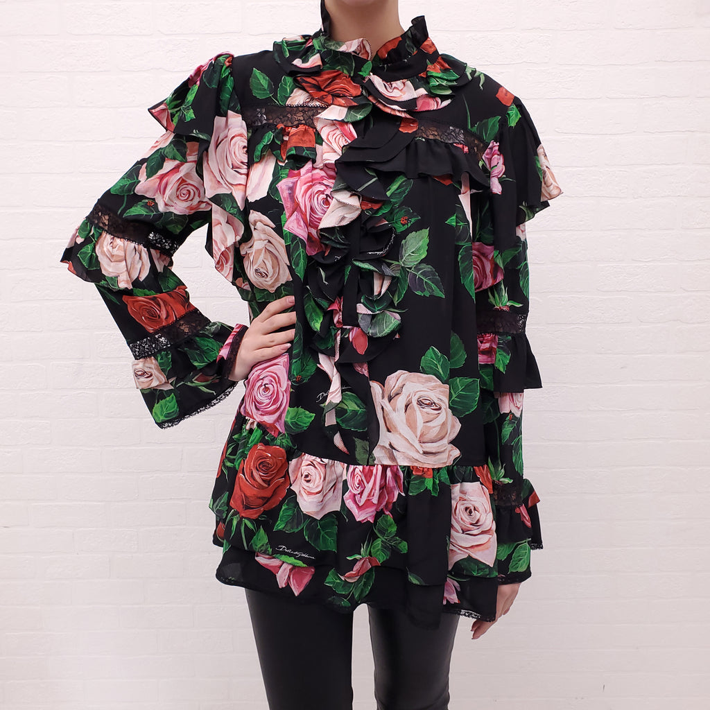 DOLCE & GABBANA BLACK FLORAL RUFFLE A-LINE BLOUSE WITH LACE DETAILS - SIZE 50