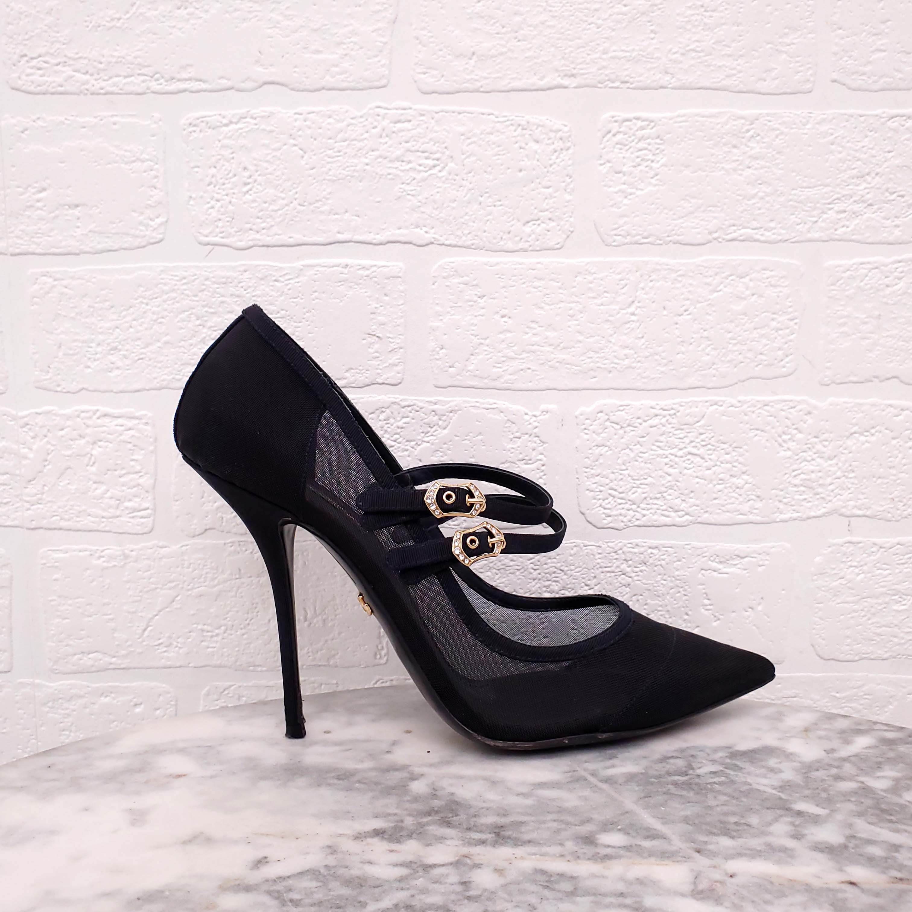 DOLCE & GABBANA BLACK MESH DOUBLE STRAP HEELS - SIZE 40