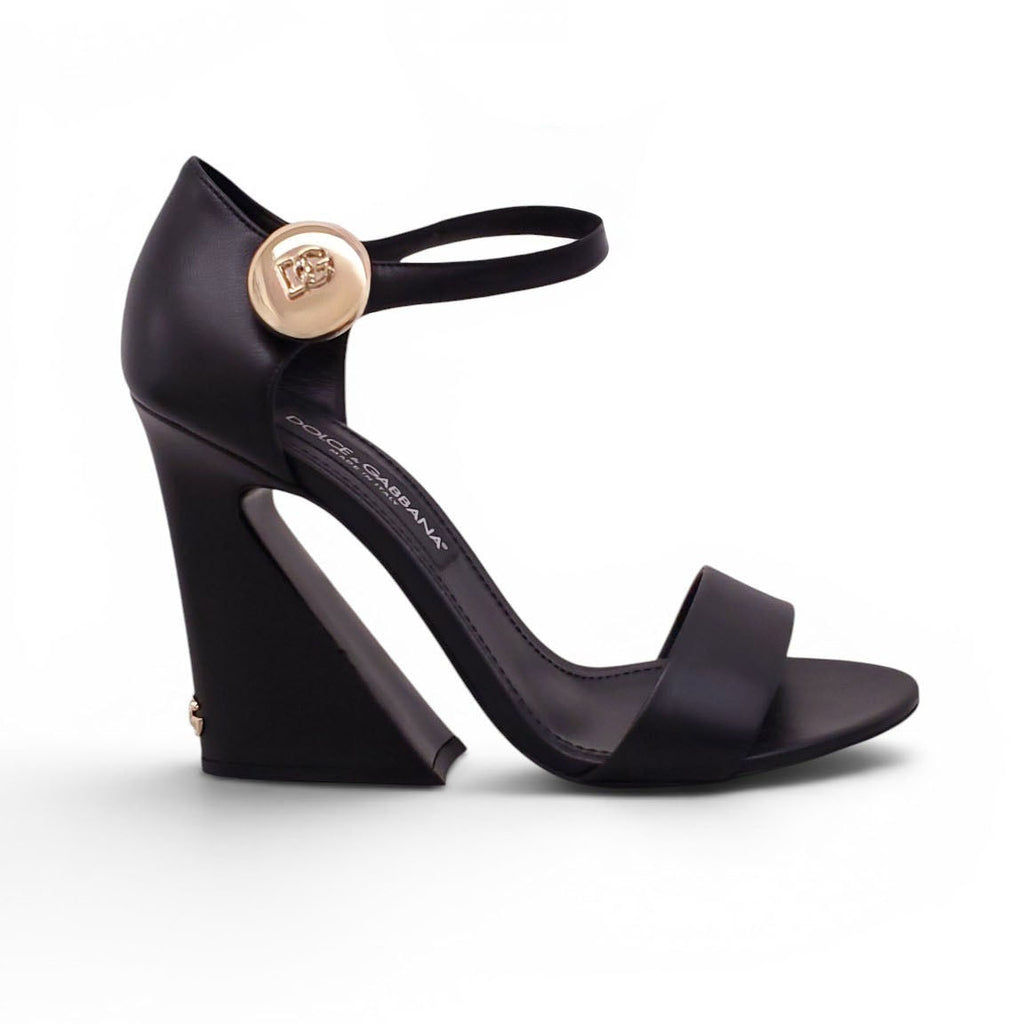 DOLCE & GABBANA BLACK OPEN-TOE HEELS WITH GOLD LOGO EMBLEM DETAIL - SIZE 40