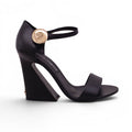 DOLCE & GABBANA BLACK OPEN-TOE HEELS WITH GOLD LOGO EMBLEM DETAIL - SIZE 40