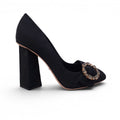 DOLCE & GABBANA BLACK RIBBED HEELS WITH CRYSTAL EMBLEM DETAIL - SIZE 36.5