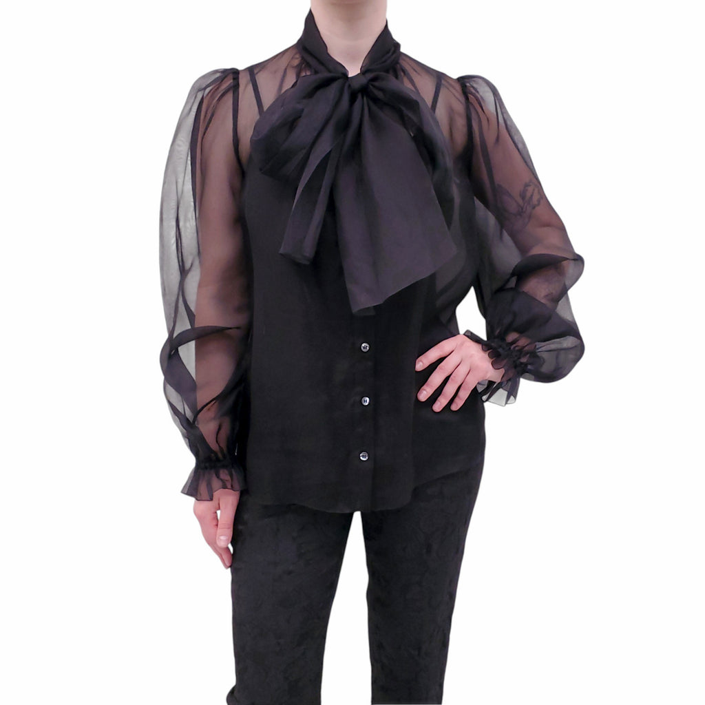 DOLCE & GABBANA BLACK SILK ORGANZA BLOUSE WITH TIE DETAIL  - SIZE 40