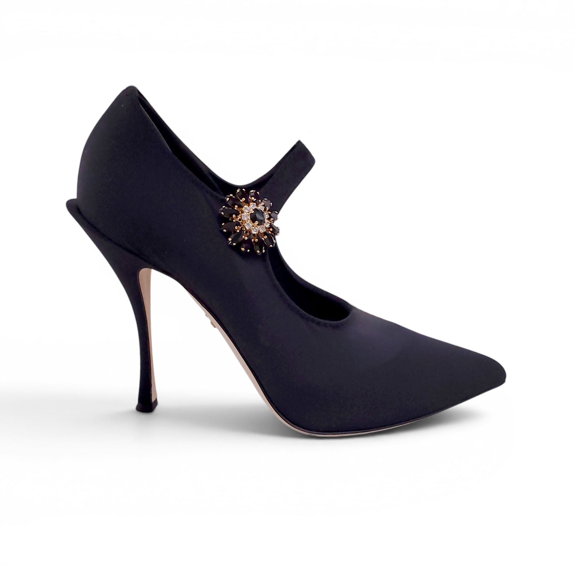 DOLCE & GABBANA BLACK STRETCH MARY JANE HEELS WITH EMBLEM DETAIL - SIZE 39