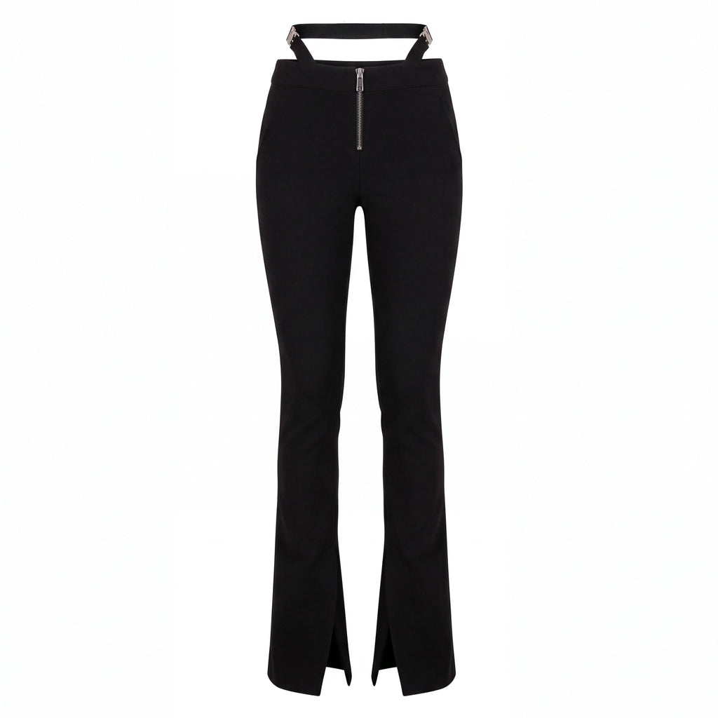 DOLCE & GABBANA BLACK TROUSERS WITH SILVER LOGO BELT DETAIL - SIZE 46