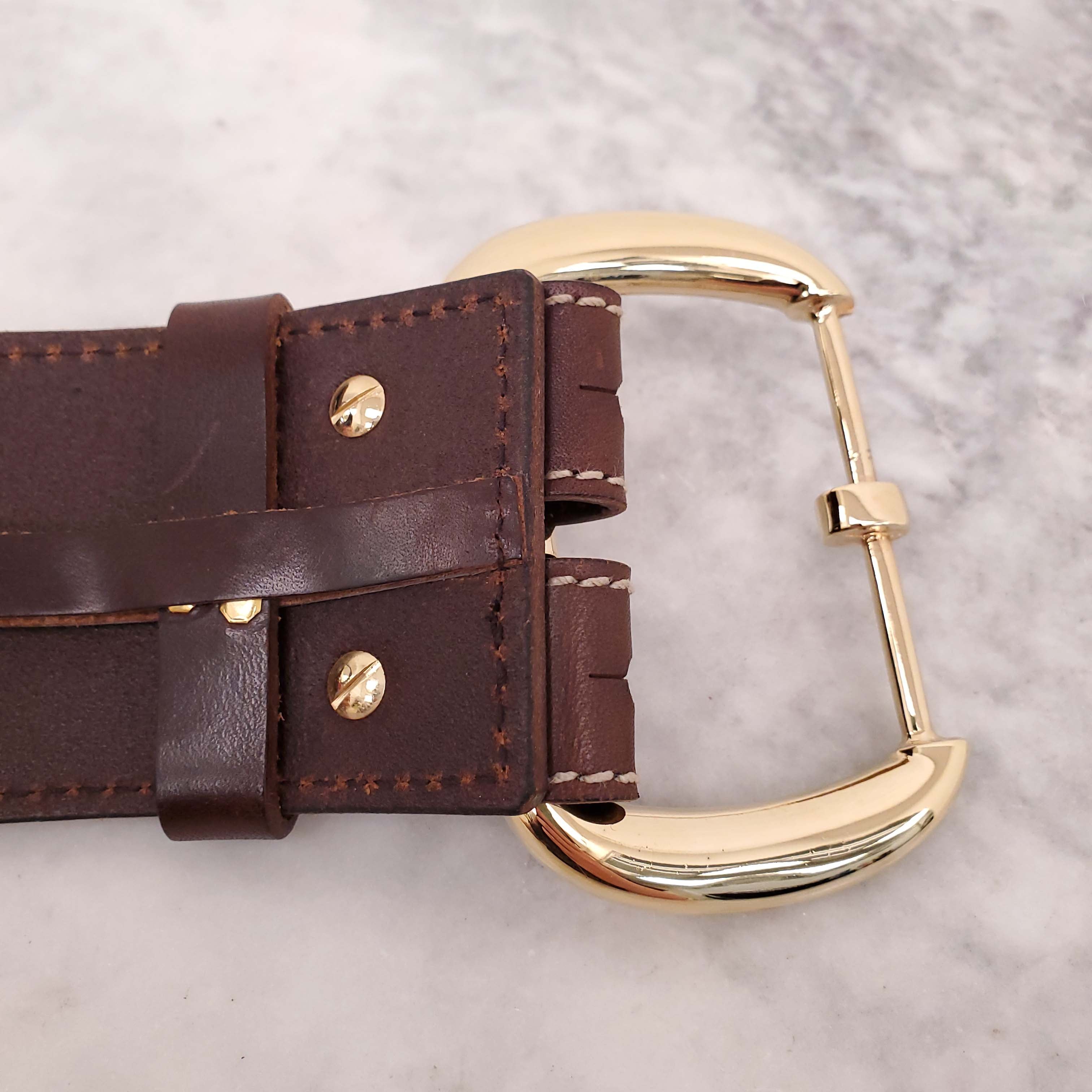 DOLCE & GABBANA BROWN LEATHER DOUBLE BELT WITH GOLD BUCKLE - SIZE 75