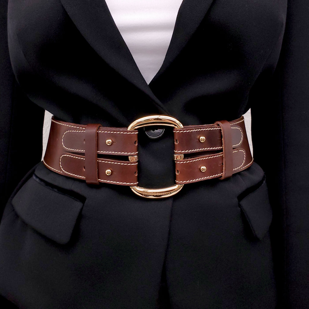 DOLCE & GABBANA BROWN LEATHER DOUBLE BELT WITH GOLD BUCKLE - SIZE 75