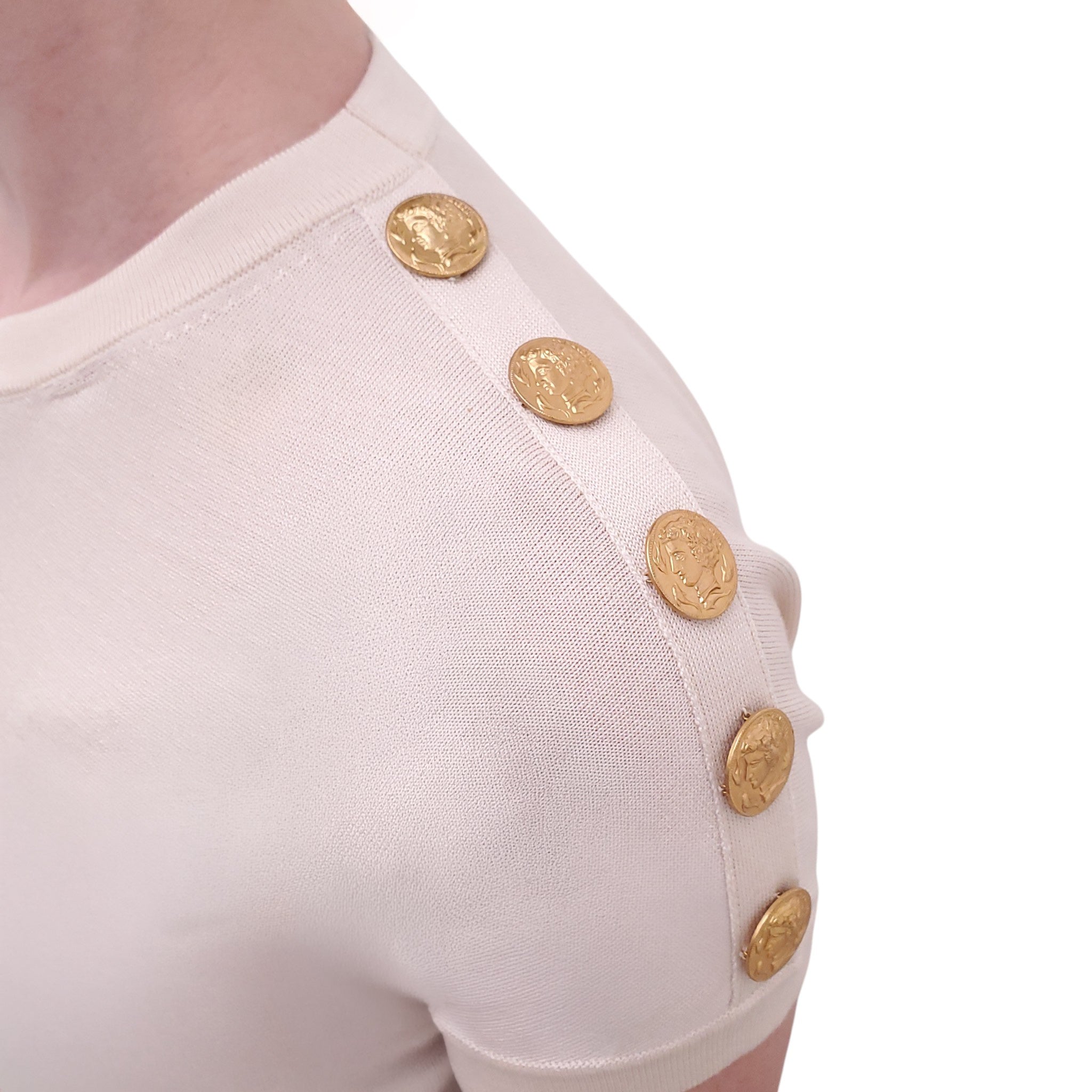 DOLCE & GABBANA CREAM SWEATER WITH GOLD COIN MEDALLIONS - SIZE 38