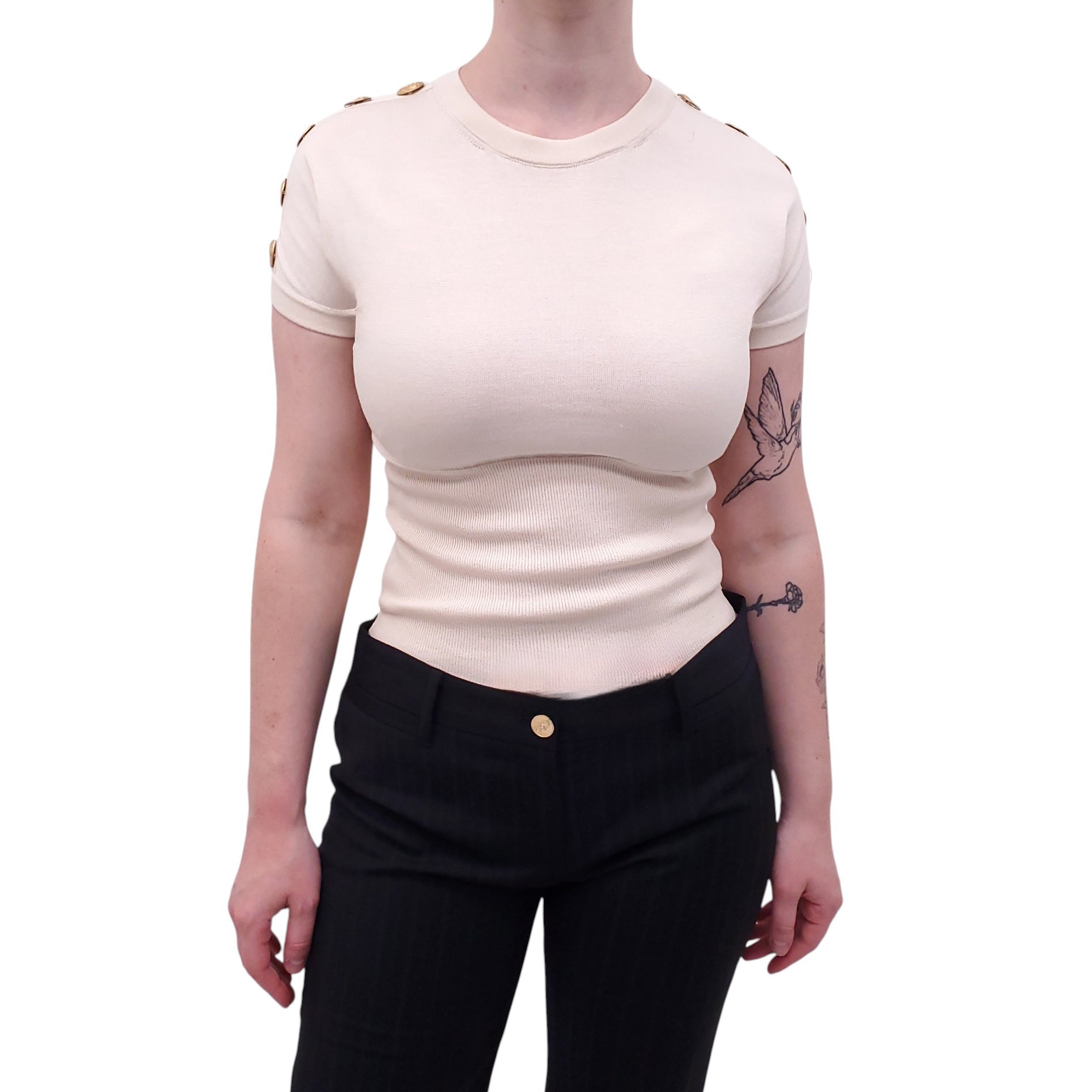 DOLCE & GABBANA CREAM SWEATER WITH GOLD COIN MEDALLIONS - SIZE 38