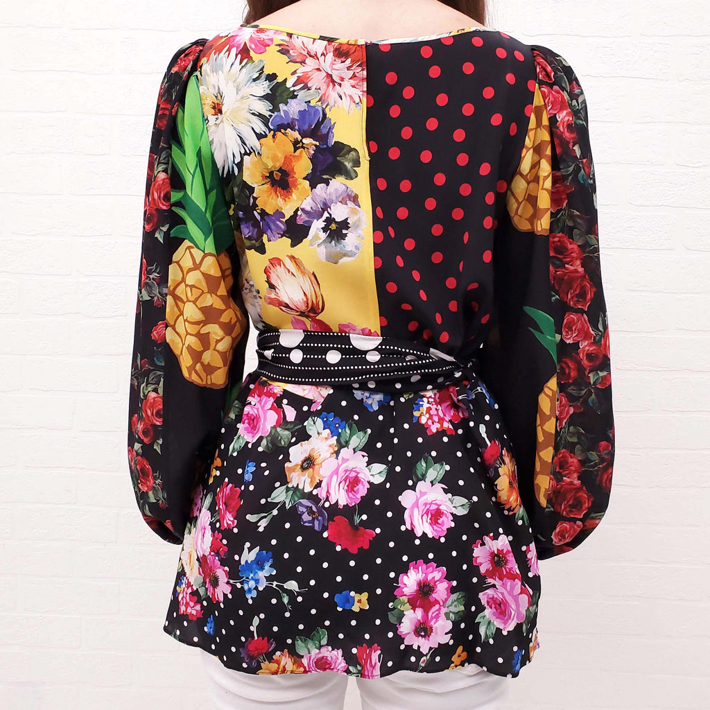 DOLCE & GABBANA FLORAL PATCHWORK TIE WAIST BLOUSE - SIZE 38