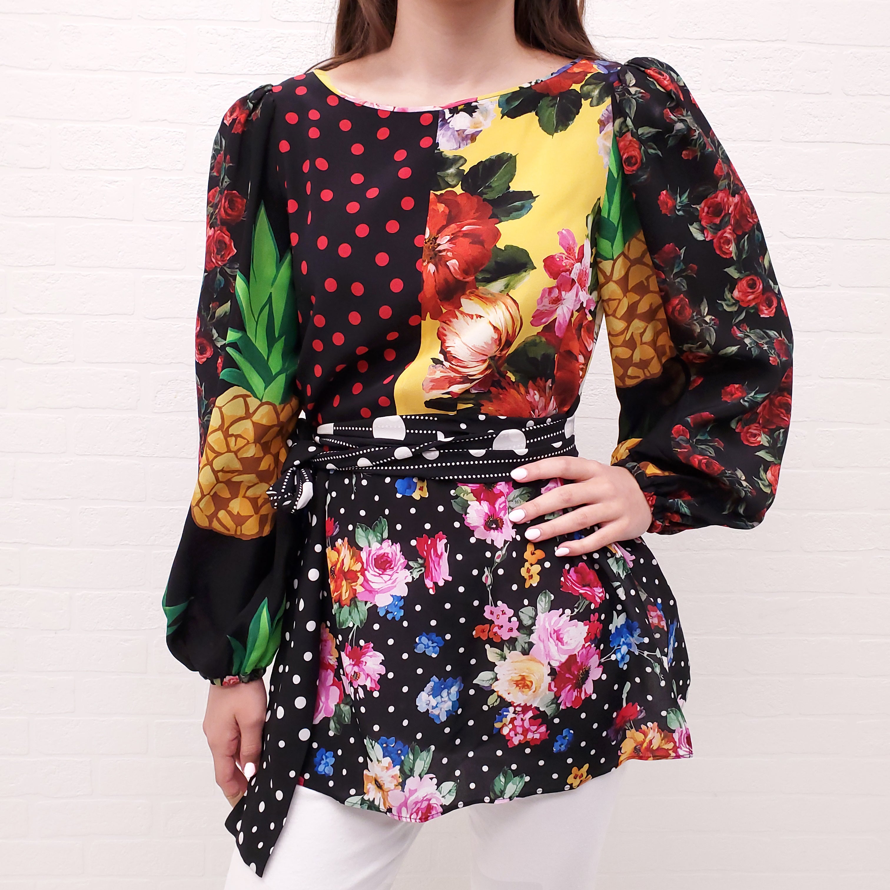 DOLCE & GABBANA FLORAL PATCHWORK TIE WAIST BLOUSE - SIZE 38