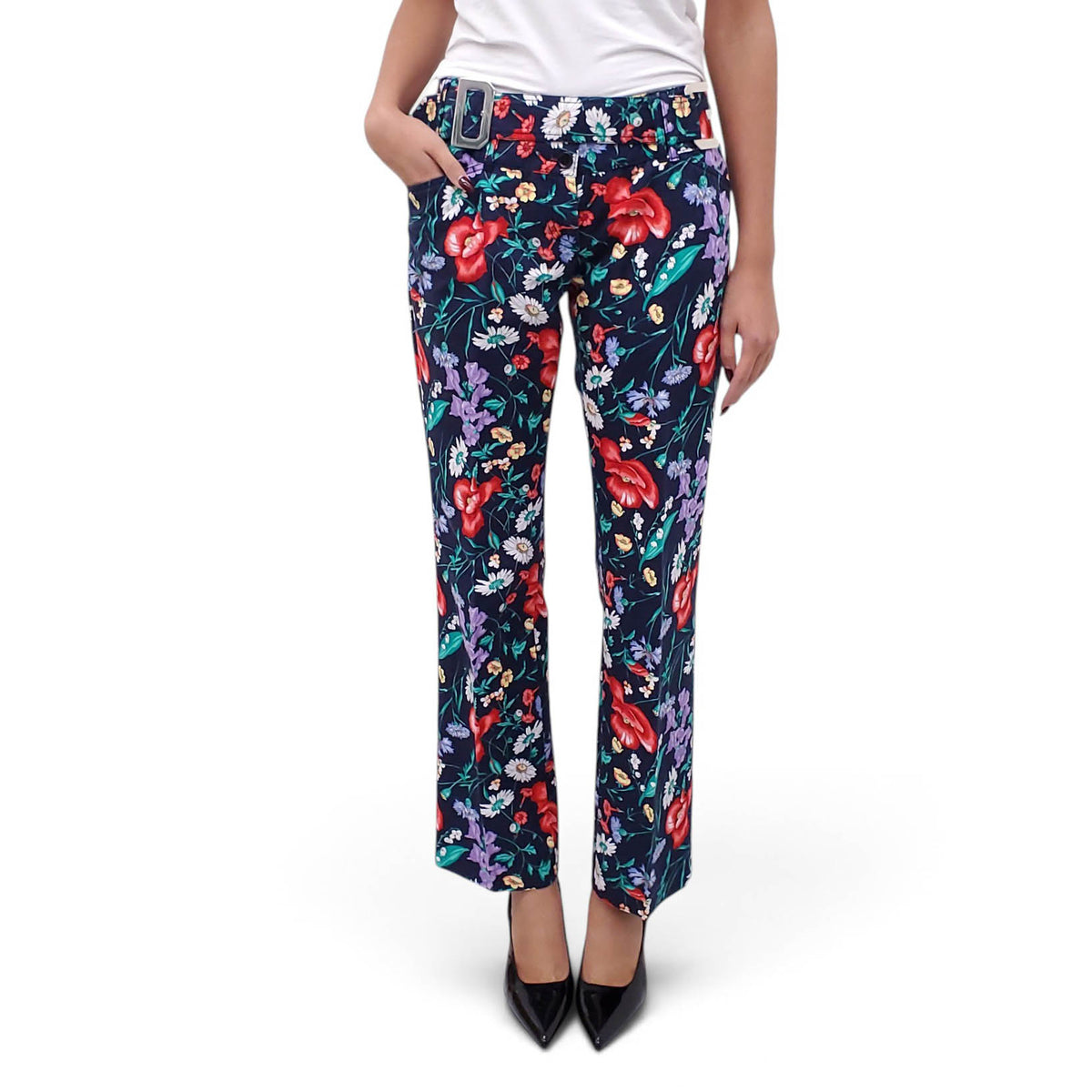 DOLCE & GABBANA FLORAL TROUSERS WITH D&G SILVER LOGO - SIZE 44 (FITS SIZE 6/8)