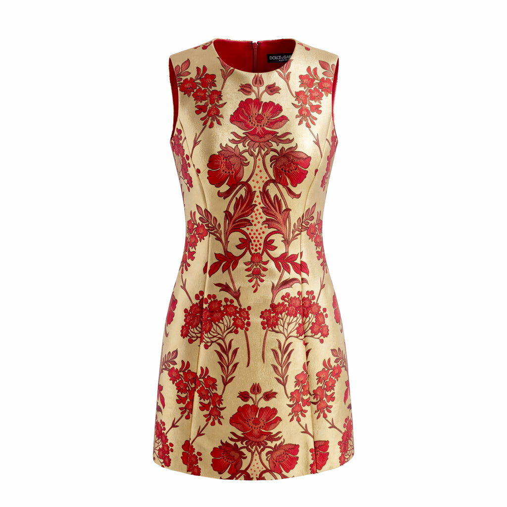 DOLCE & GABBANA GOLD AND RED JACQUARD DRESS - SIZE 36