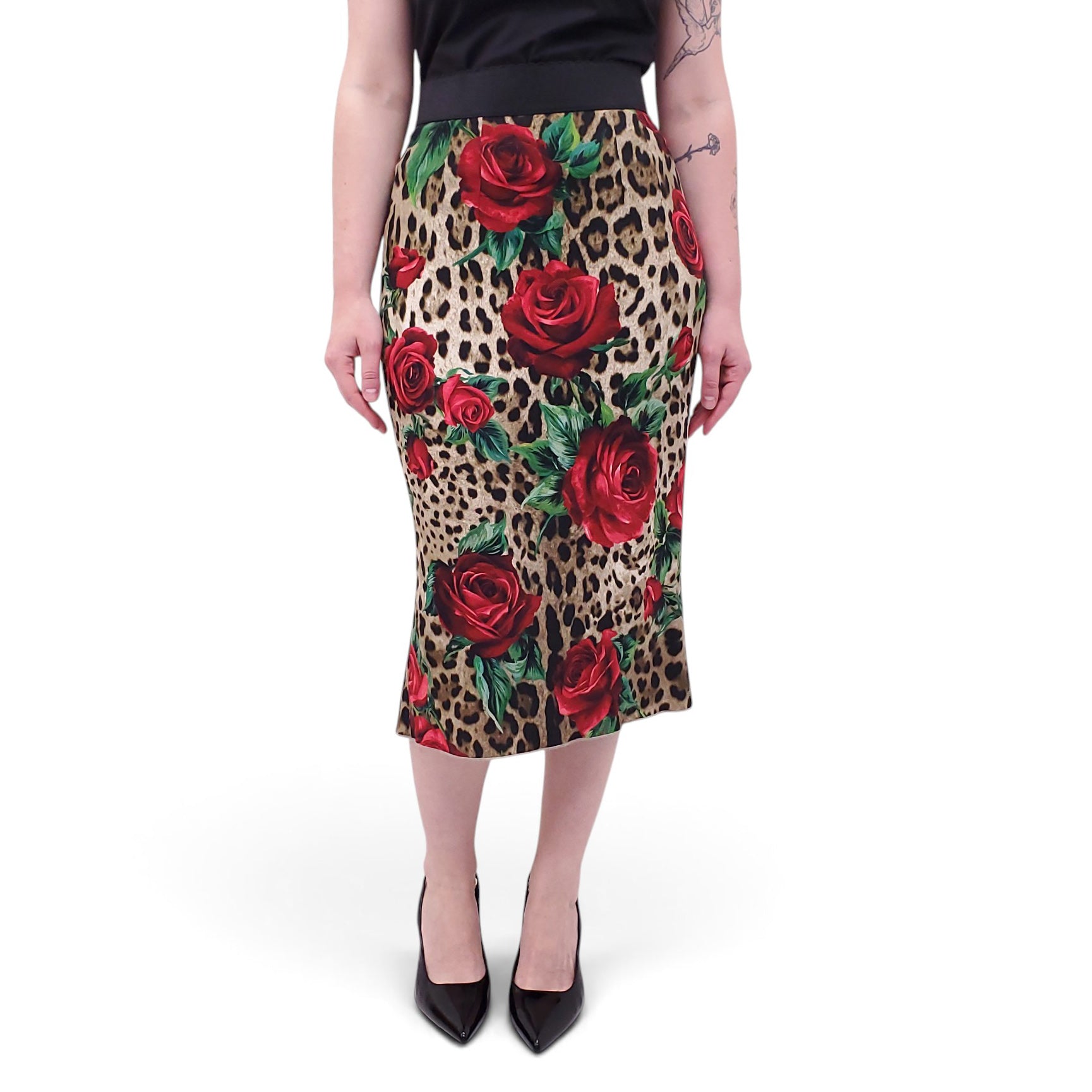 DOLCE & GABBANA LEOPARD AND ROSE PRINT SKIRT - SIZE 40