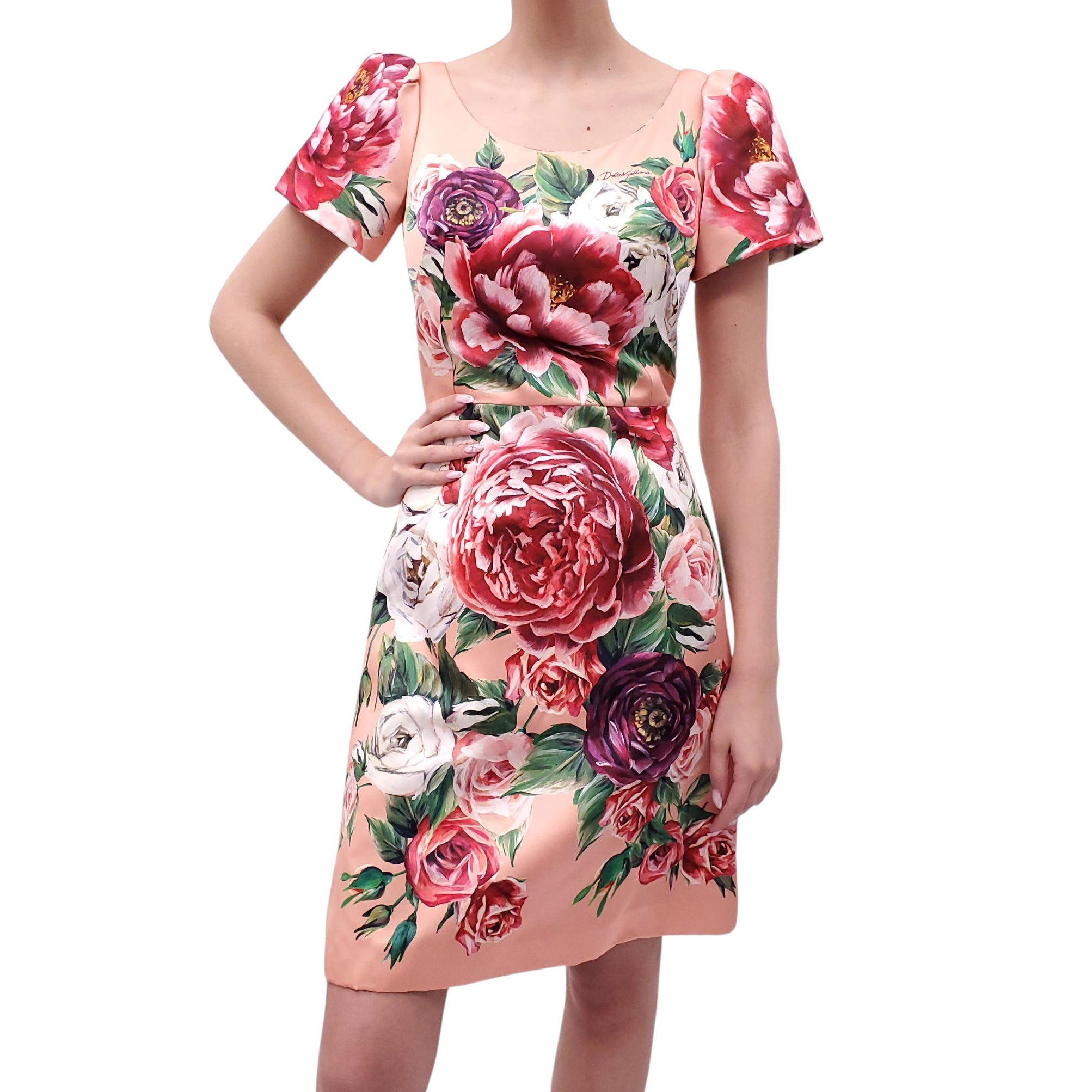 DOLCE & GABBANA PEACH FLORAL PATTERNED DRESS - SIZE 38