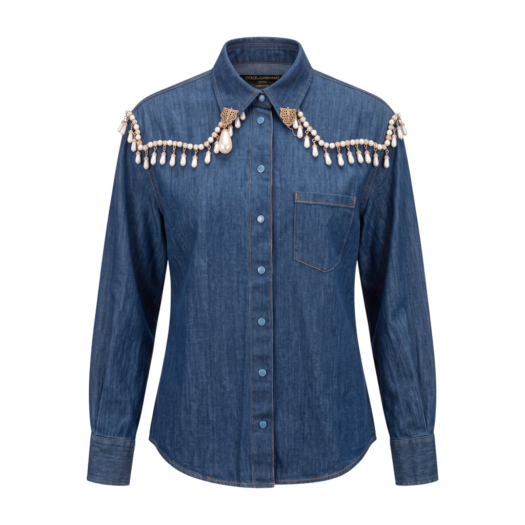 DOLCE & GABBANA PEARL DENIM BLOUSE - SIZE 44