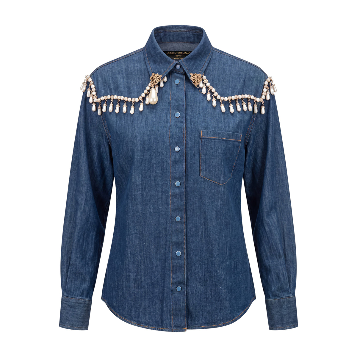 DOLCE & GABBANA PEARL DENIM BLOUSE - SIZE 44