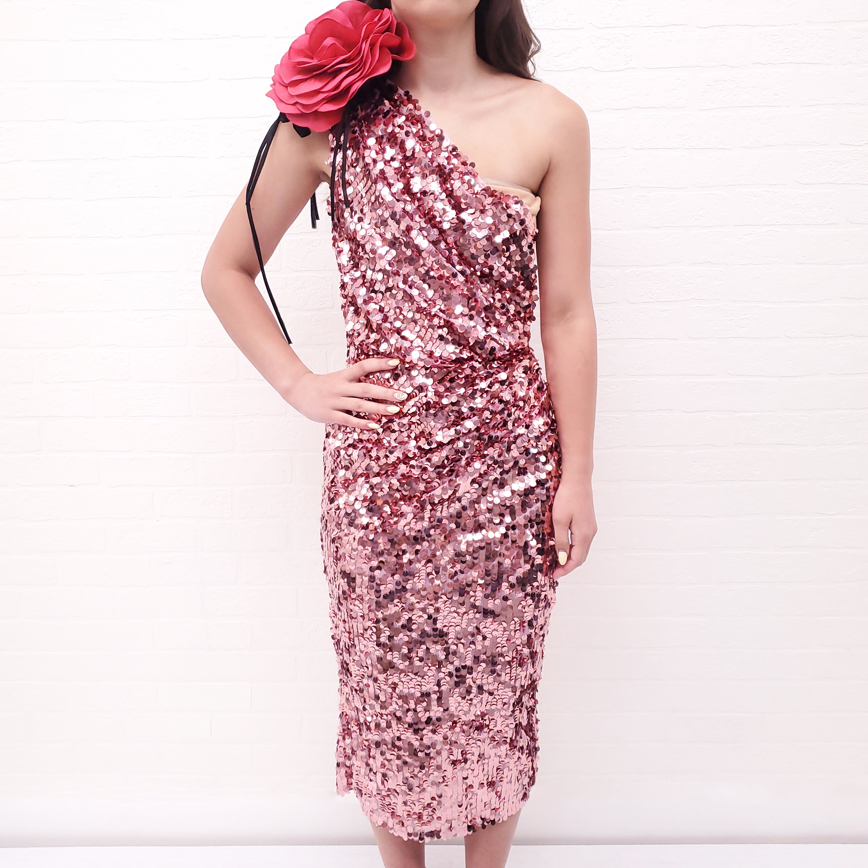DOLCE & GABBANA PINK SEQUIN ONE SHOULDER MIDI DRESS WITH FLOWER DETAIL - SIZE 38