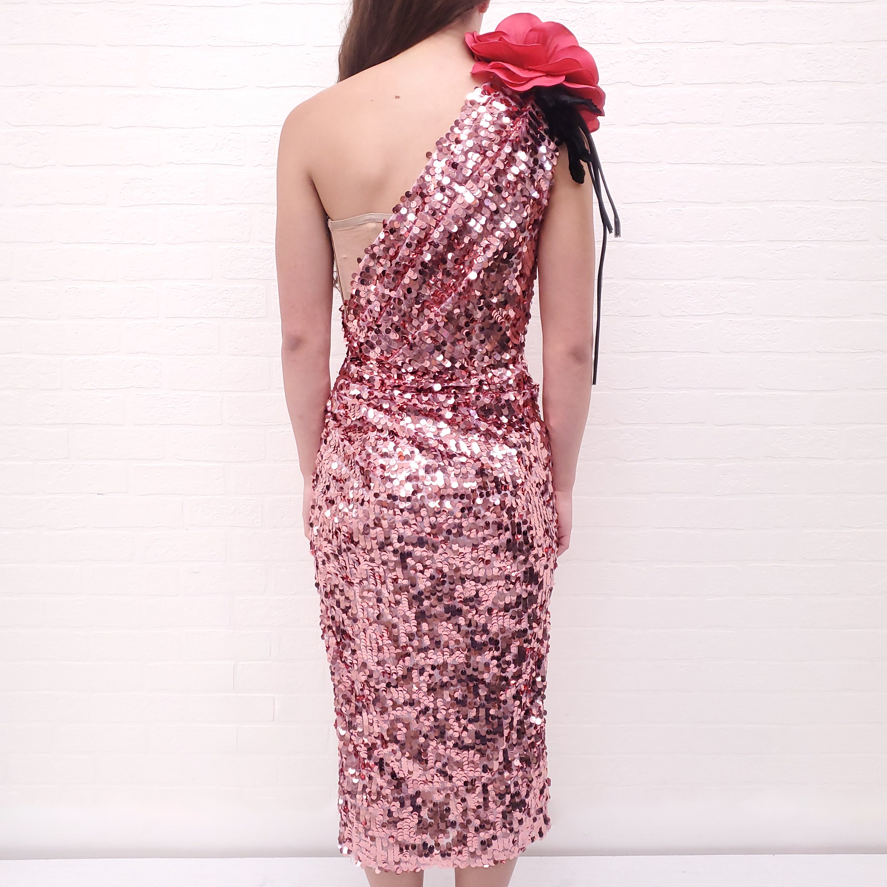 DOLCE & GABBANA PINK SEQUIN ONE SHOULDER MIDI DRESS WITH FLOWER DETAIL - SIZE 38