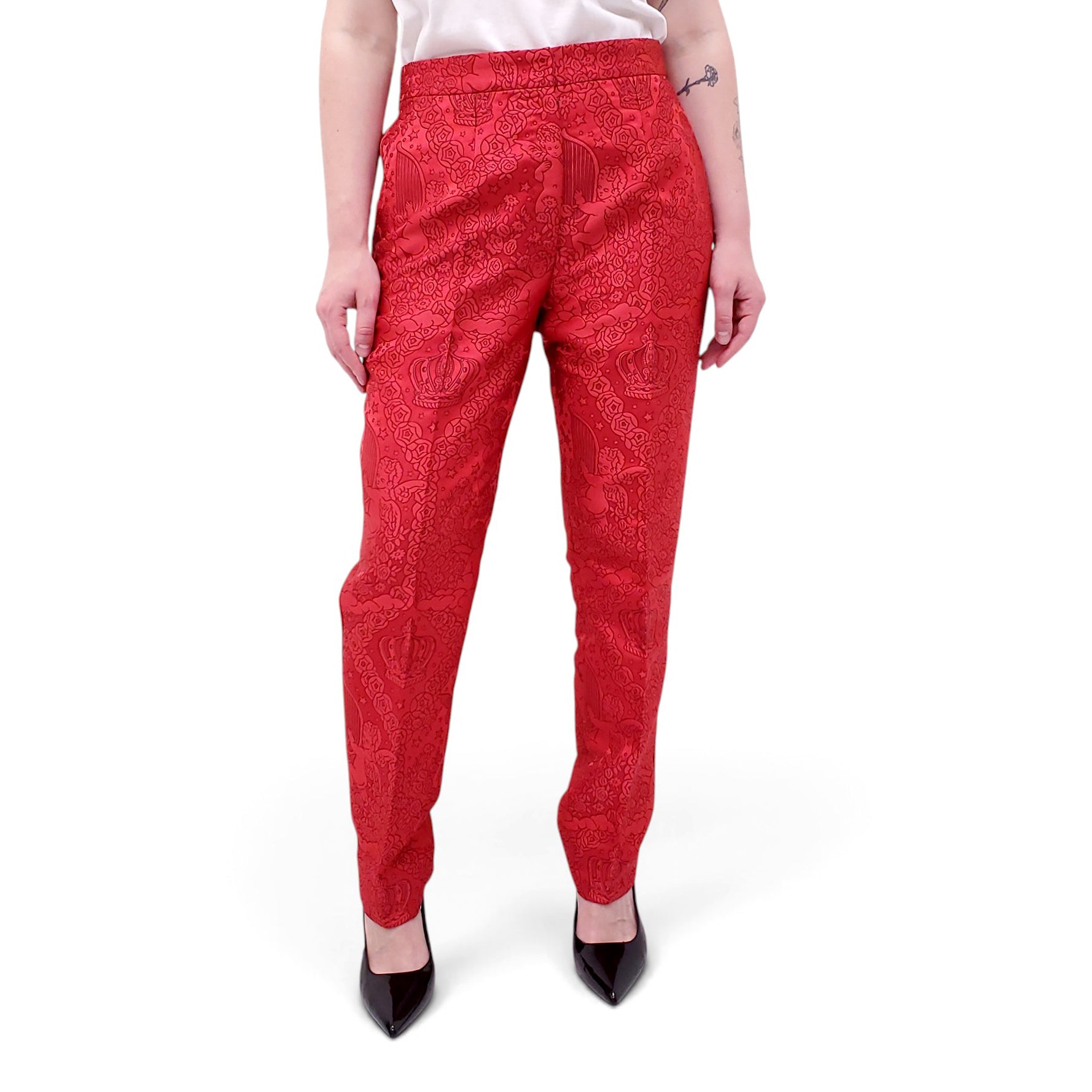 DOLCE & GABBANA RED ANGEL PRINT BROCADE TROUSERS - SIZE 44