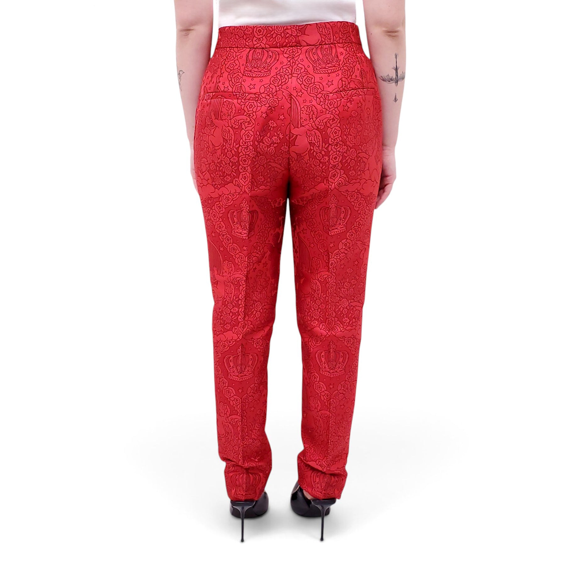 DOLCE & GABBANA RED ANGEL PRINT BROCADE TROUSERS - SIZE 44