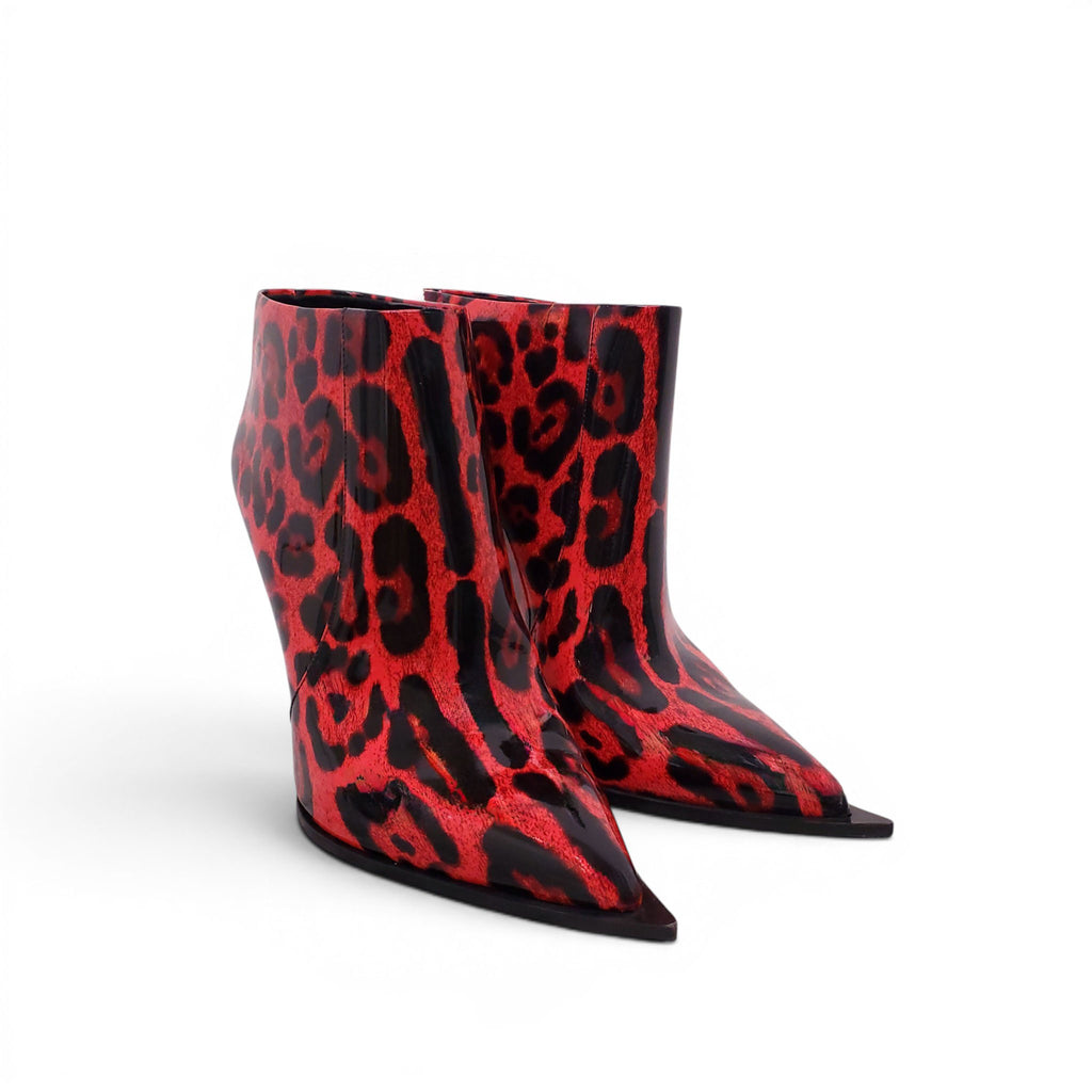 DOLCE & GABBANA RED PATENT CARDINALE LEOPARD PRINT ANKLE BOOTIES - SIZE 39.5