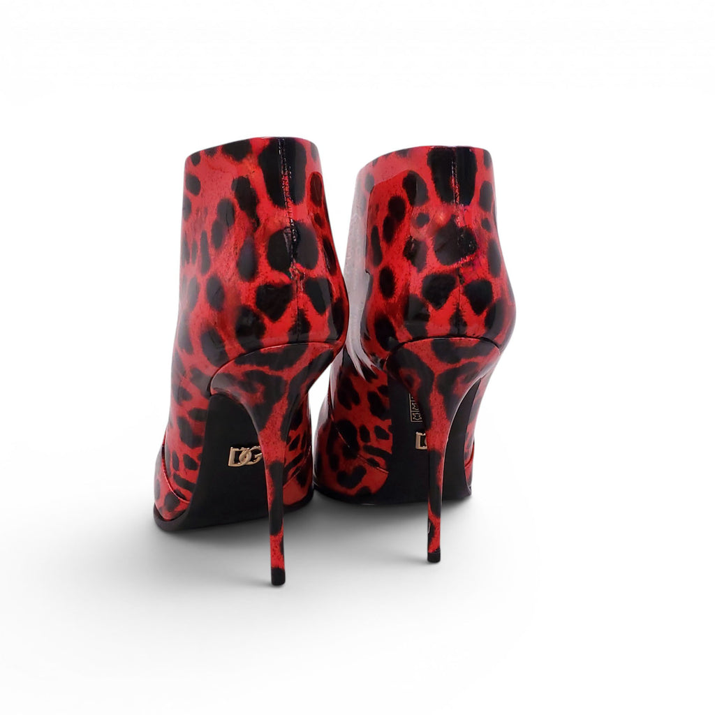 DOLCE & GABBANA RED PATENT CARDINALE LEOPARD PRINT ANKLE BOOTIES - SIZE 39.5