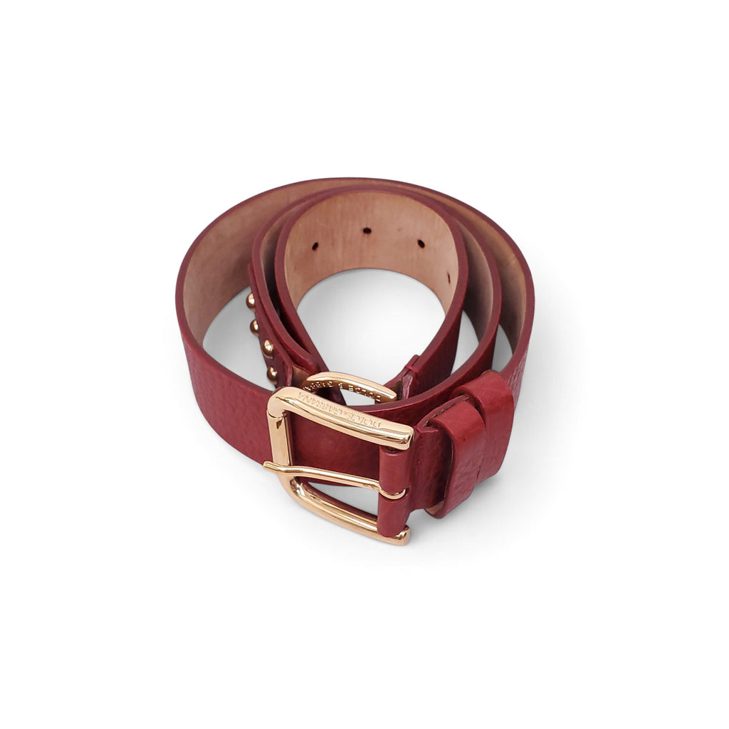 DOLCE & GABBANA RED LEATHER BELT WITH GOLD ACCENT DETAILS - SIZE 85