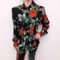 DOLCE & GABBANA ROSE PRINT BUTTON UP SILK BLOUSE WITH LOGO BUTTONS AND EXAGGERATED SHOULDERS - SIZE 46