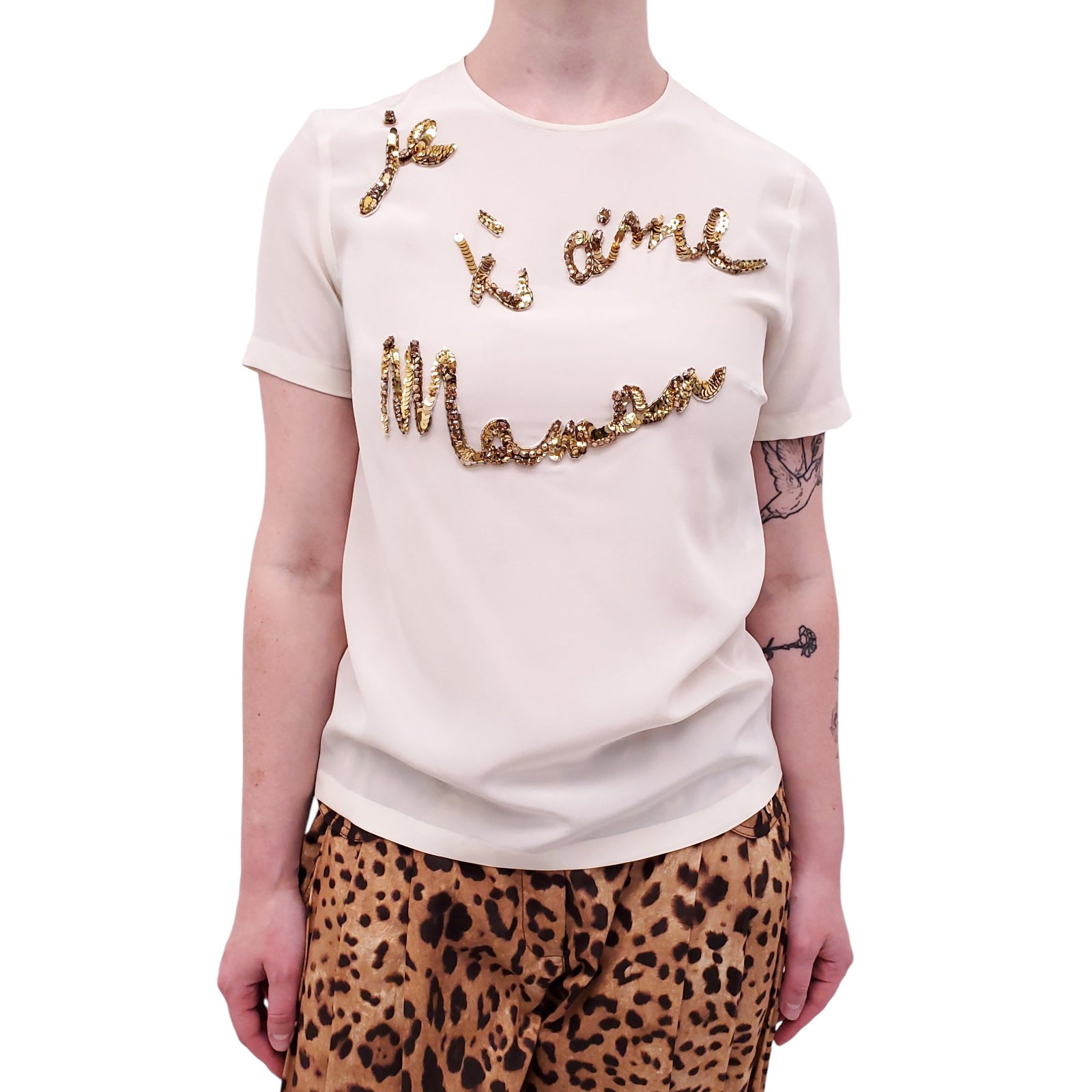 DOLCE & GABBANA SILK GRAPHIC GOLD SEQUIN TOP - SIZE 38