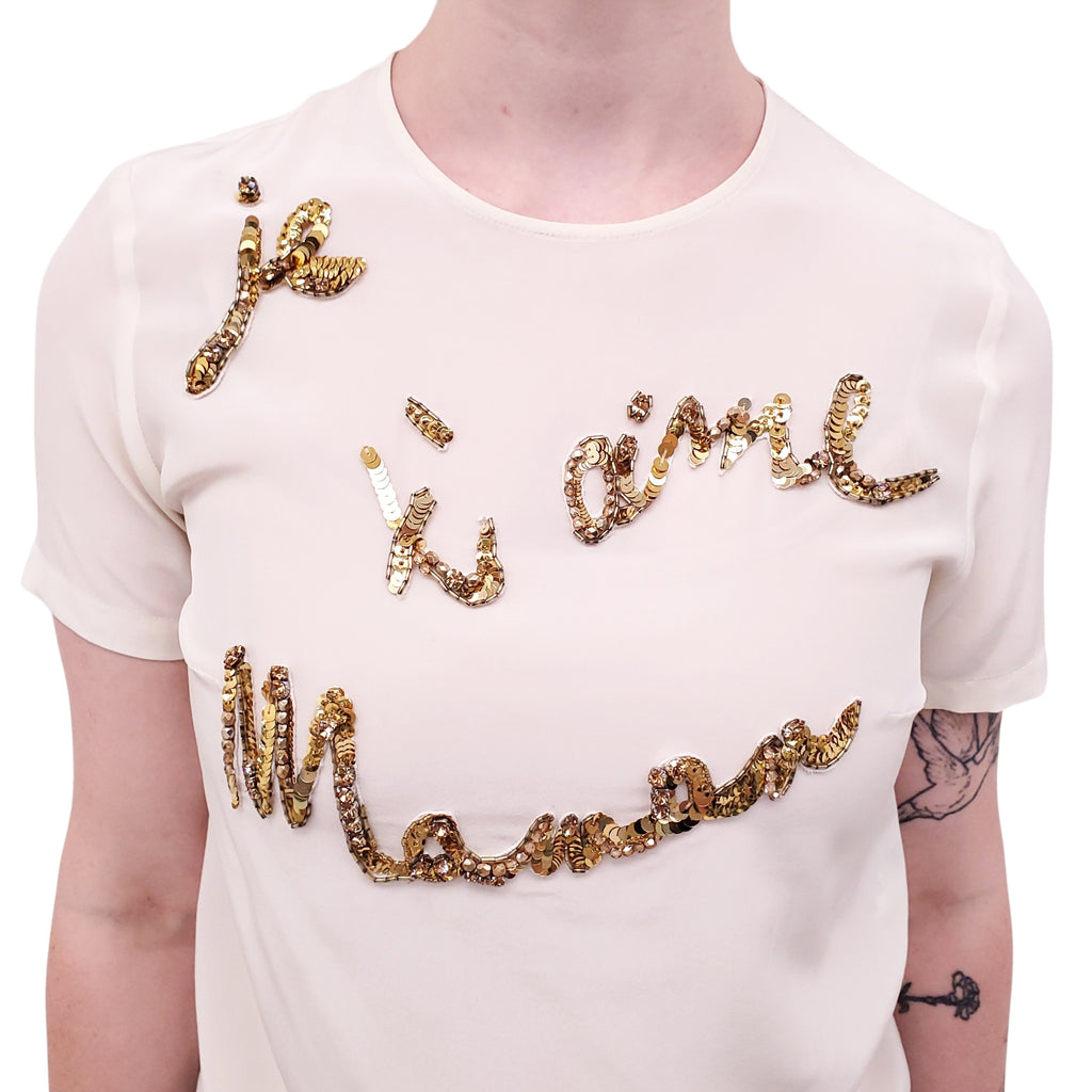 DOLCE & GABBANA SILK GRAPHIC GOLD SEQUIN TOP - SIZE 38