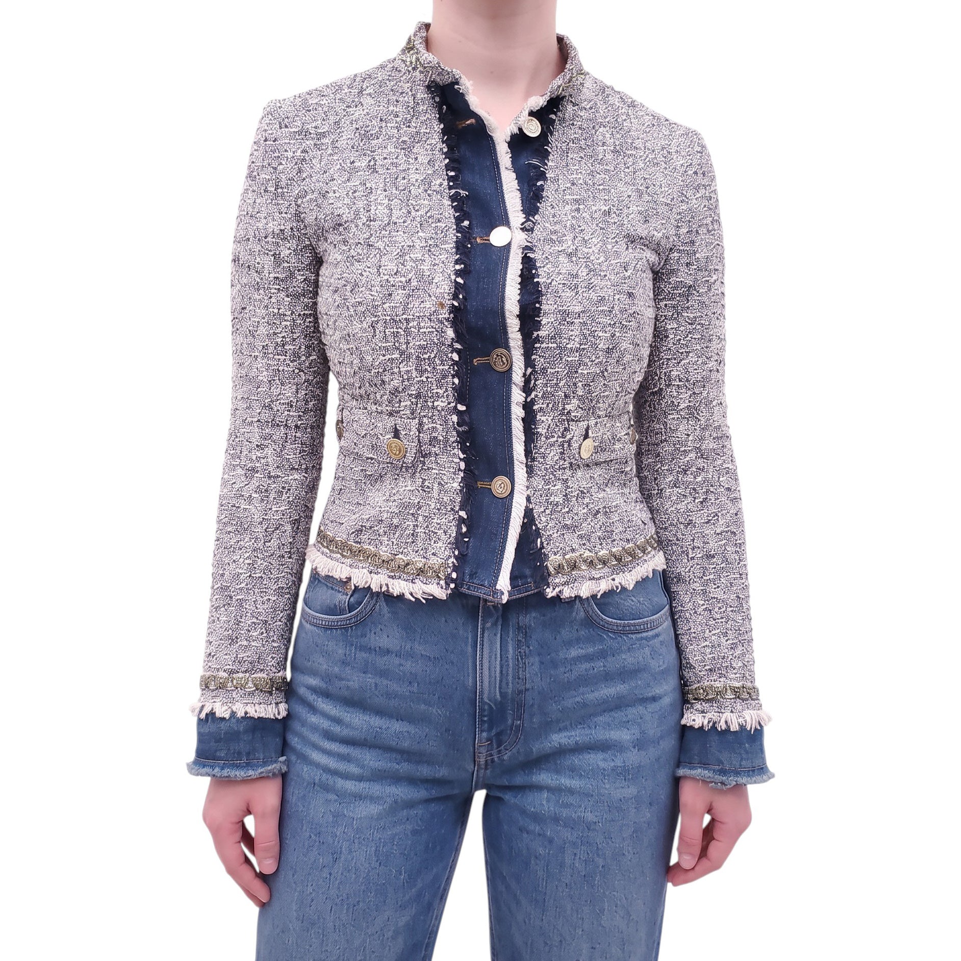 DOLCE & GABBANA TWEED AND DENIM JACKET WITH LOGO BUTTONS - SIZE 38