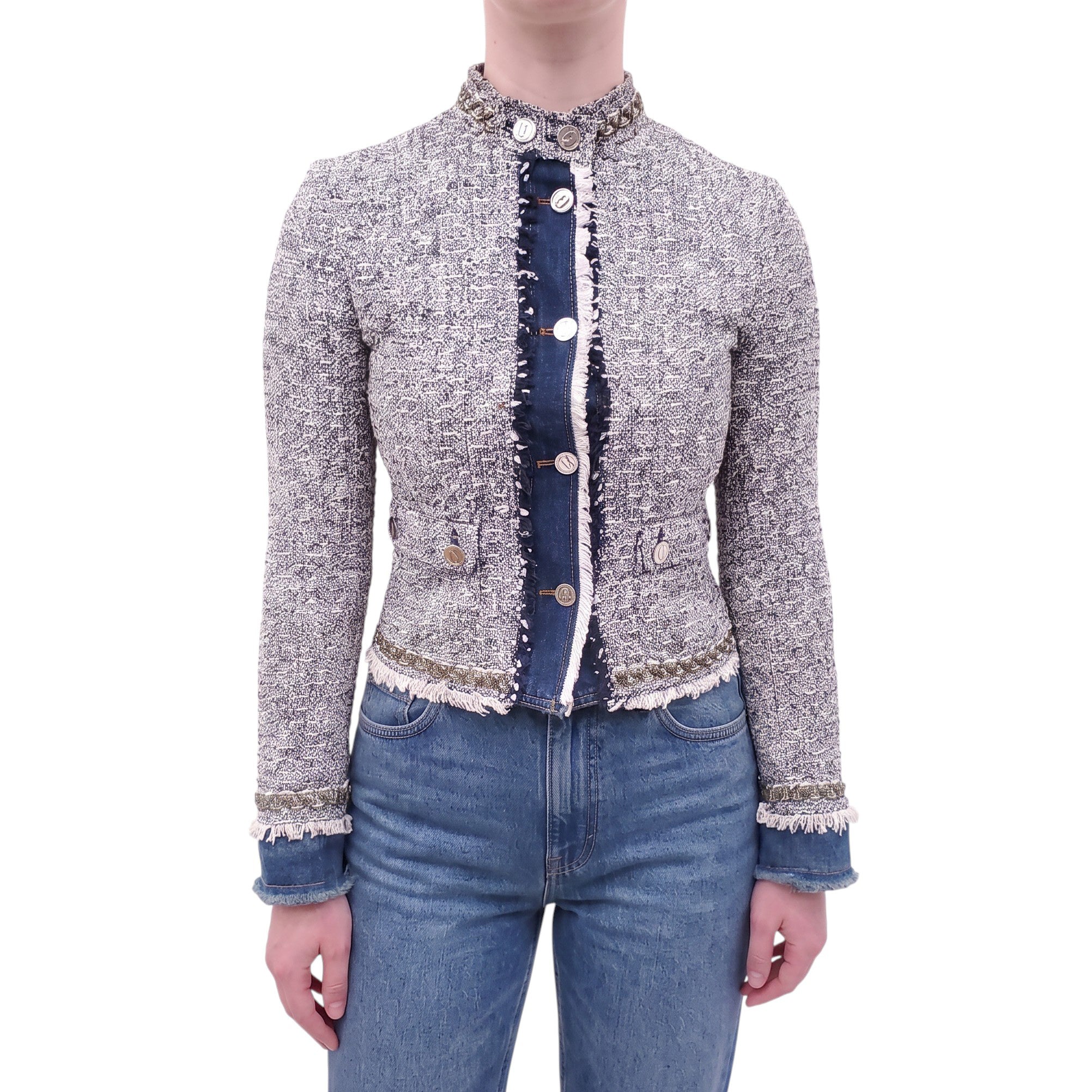 DOLCE & GABBANA TWEED AND DENIM JACKET WITH LOGO BUTTONS - SIZE 38
