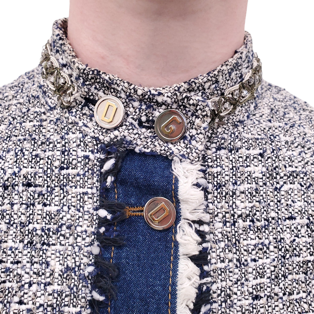 DOLCE & GABBANA TWEED AND DENIM JACKET WITH LOGO BUTTONS - SIZE 38