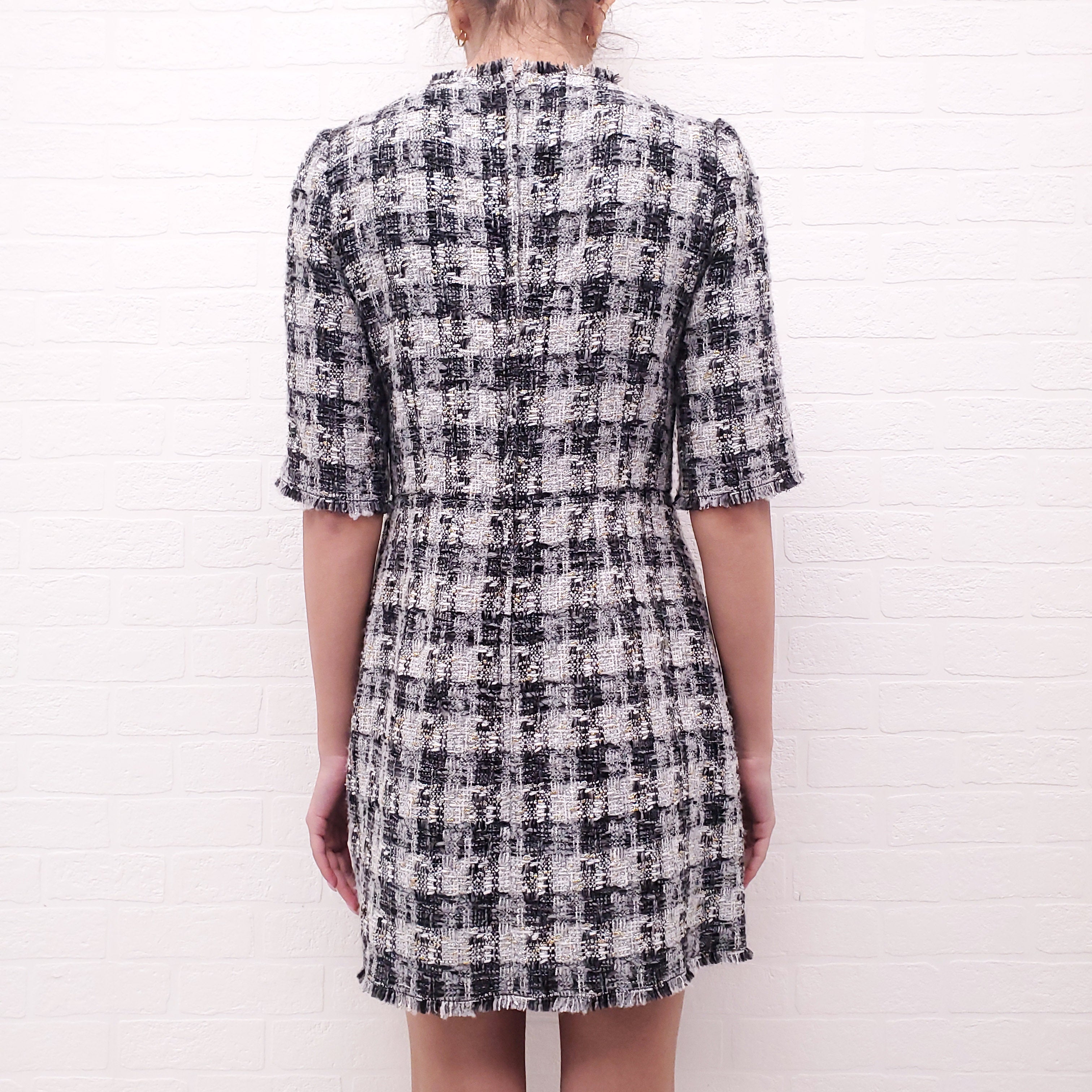 DOLCE & GABBANA TWEED DRESS WITH FLORAL BUTTON DETAIL - SIZE 6