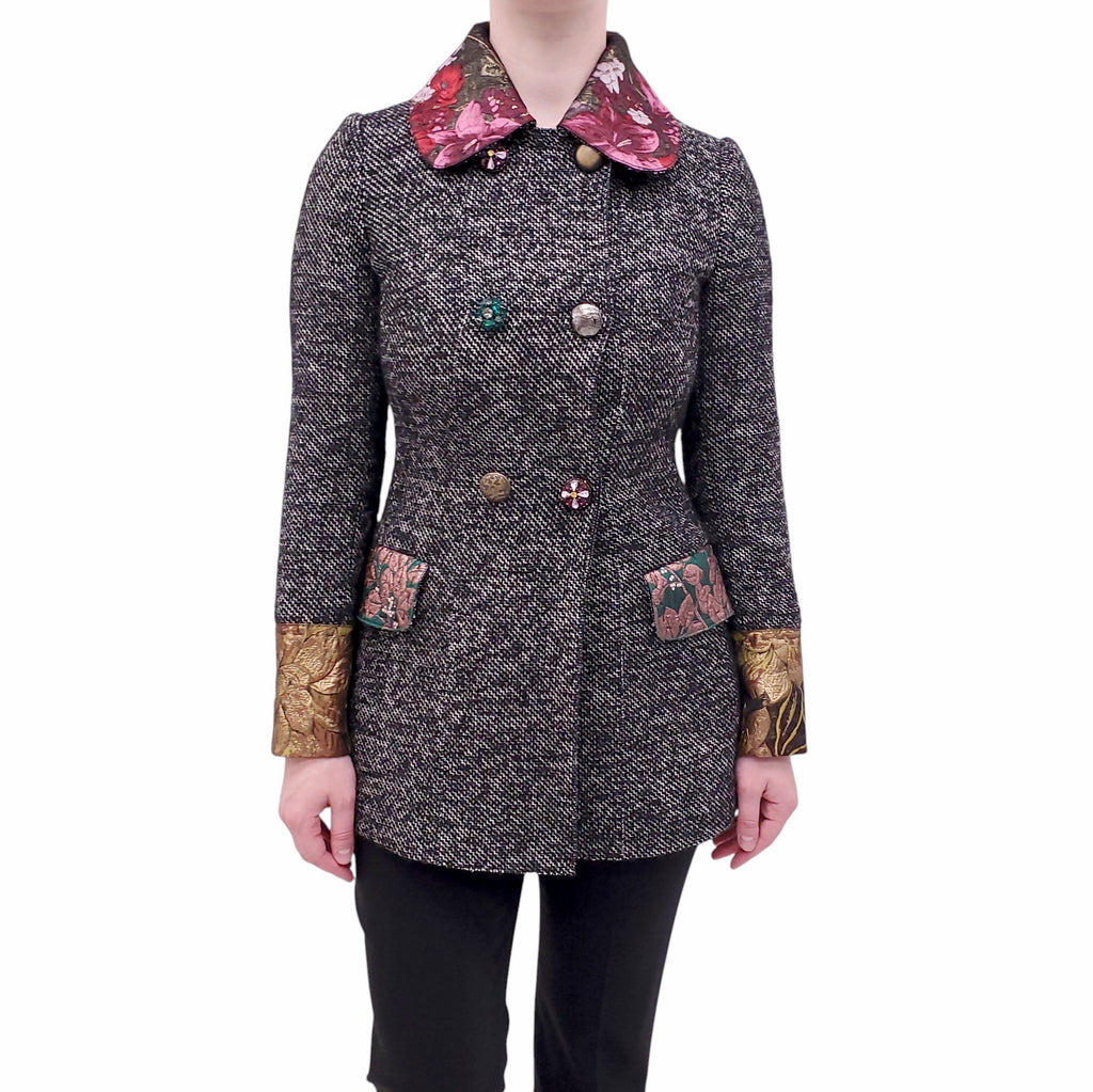 DOLCE & GABBANA TWEED JACQUARD COAT WITH MISMATCHED BUTTONS - SIZE 36