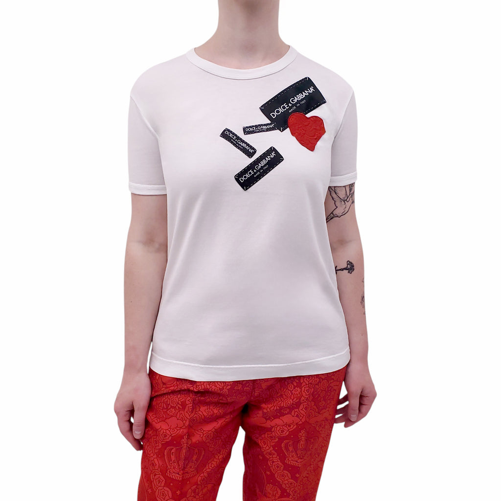DOLCE & GABBANA WHITE LOGO EMBROIDERED T-SHIRT - SIZE 38