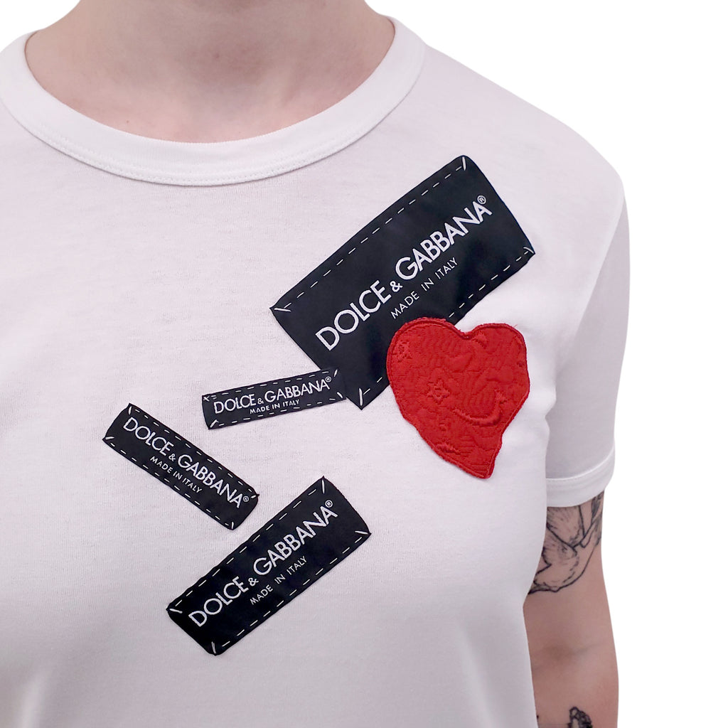 DOLCE & GABBANA WHITE LOGO EMBROIDERED T-SHIRT - SIZE 38