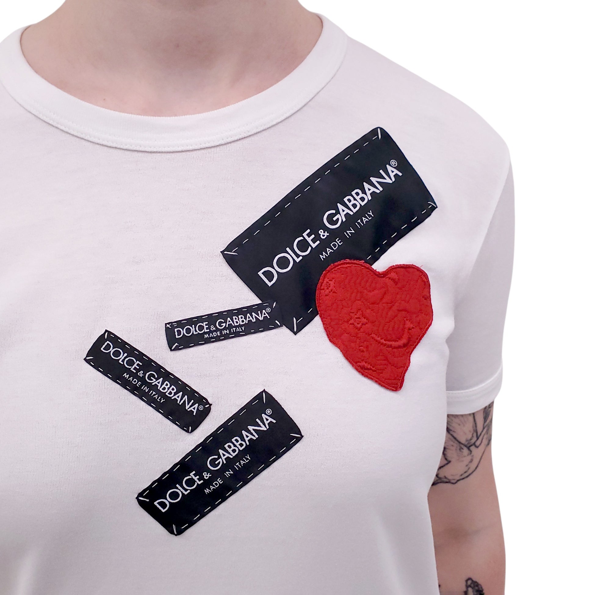 DOLCE & GABBANA WHITE LOGO EMBROIDERED T-SHIRT - SIZE 38