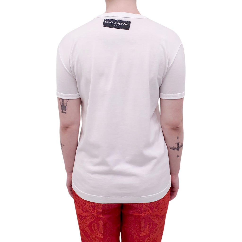 DOLCE & GABBANA WHITE LOGO EMBROIDERED T-SHIRT - SIZE 38
