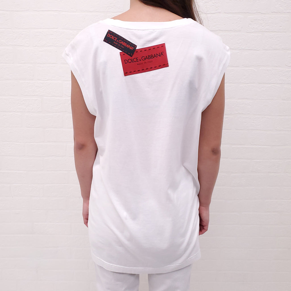 DOLCE & GABBANA 'LOVE IS WHAT YOU WANT' T-SHIRT WITH SEQUIN FLORAL DETIAL - SIZE 38