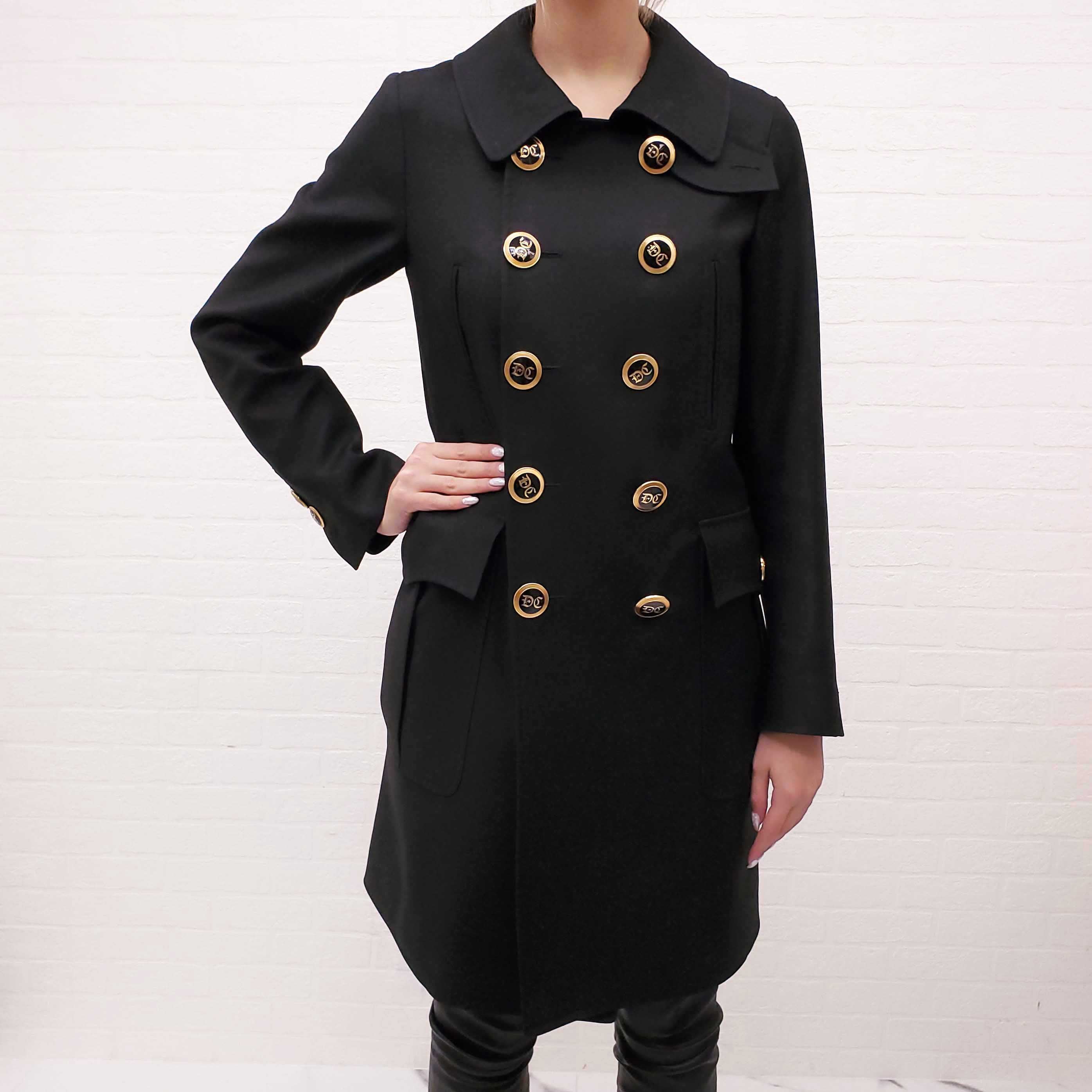 DSQUARED2 BLACK PEACOAT WITH LOGO BUTTONS - SIZE 38