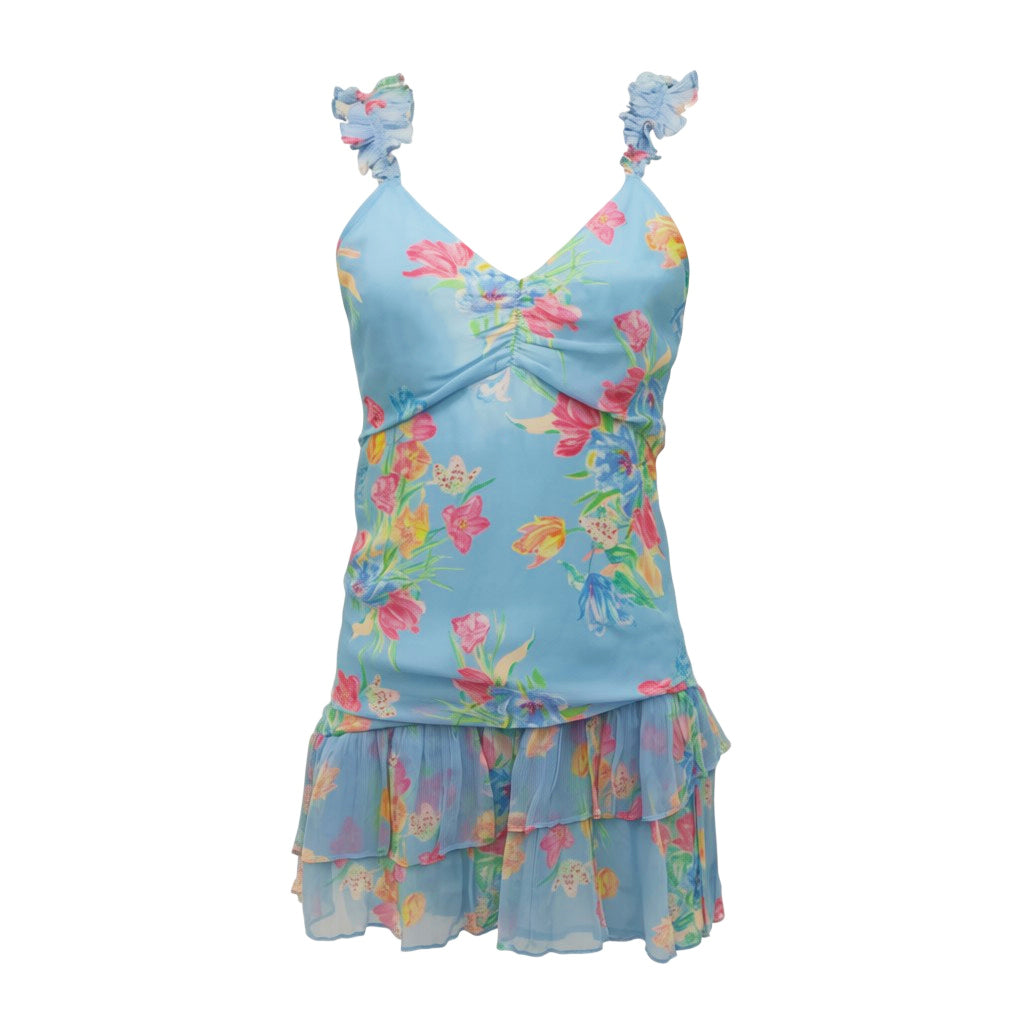 LOVESHACKFANCY BLUE FLORAL DRESS WITH RUFFLE STRAPS AND RUCHED DETAIL - SIZE 4